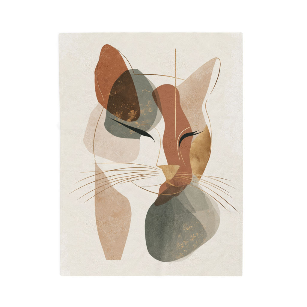 Abstract Earthen Toned Cat Velveteen Plush Blanket, Soft Fleece Throw, Cozy Bedding Set, Abstract Earthen Toned Cat Duvet Cover