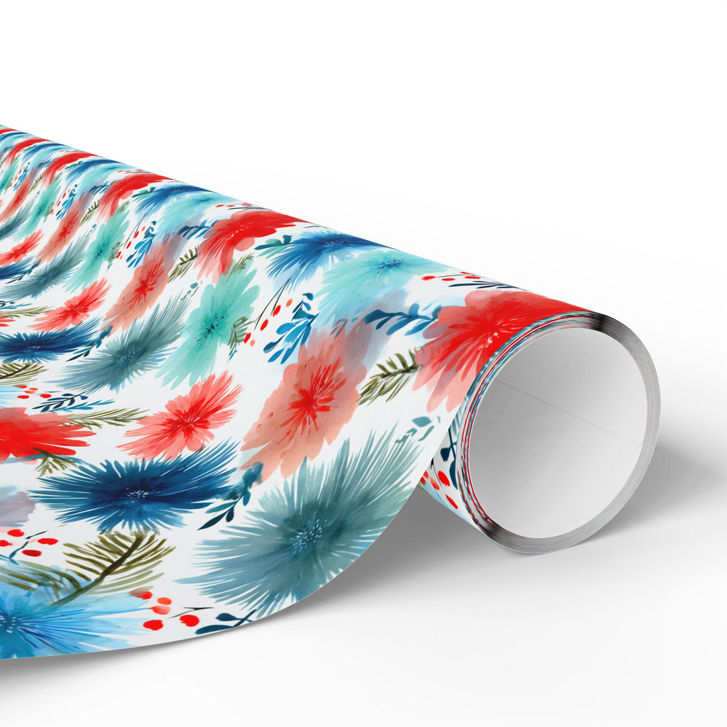 Wrapping Paper — Watercolor Floral Holiday Pattern (Red, Teal, Pine Sprigs)