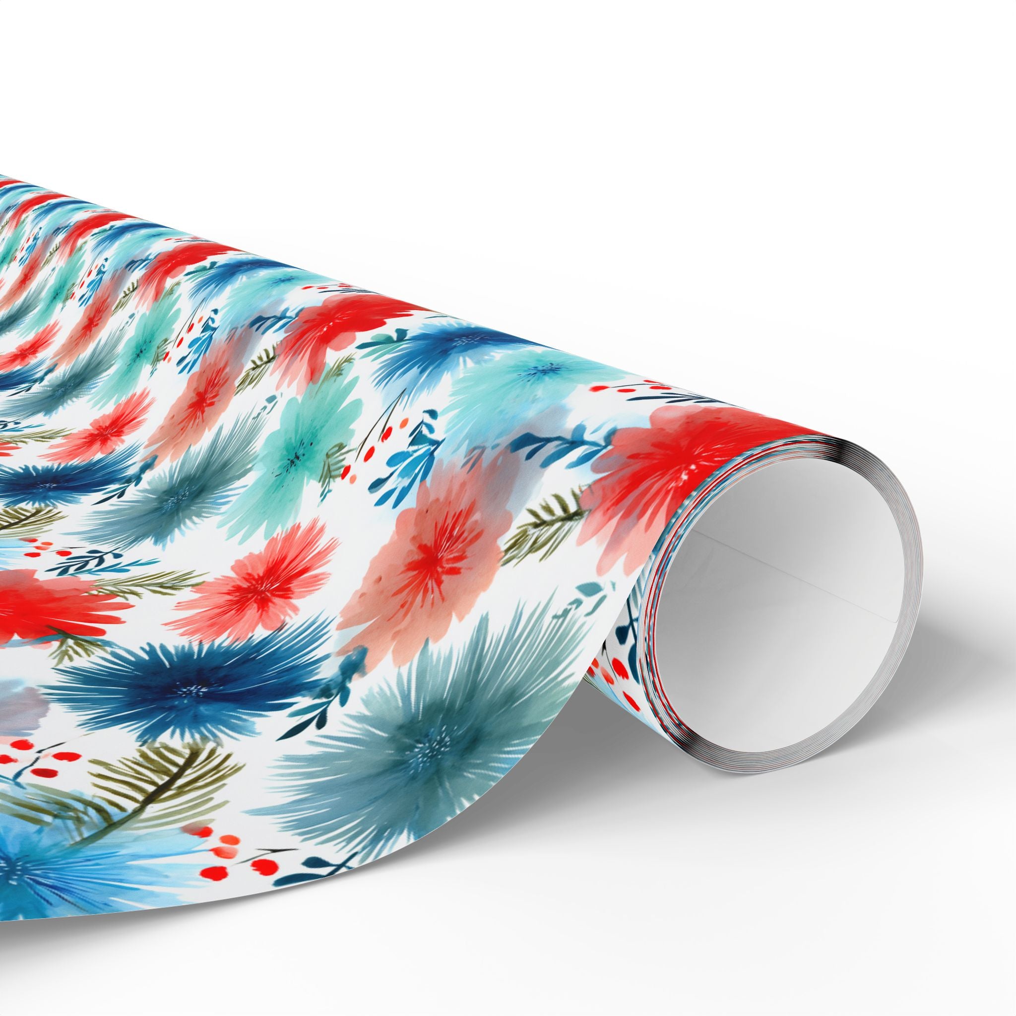 Wrapping Paper — Watercolor Floral Holiday Pattern (Red, Teal, Pine Sprigs)