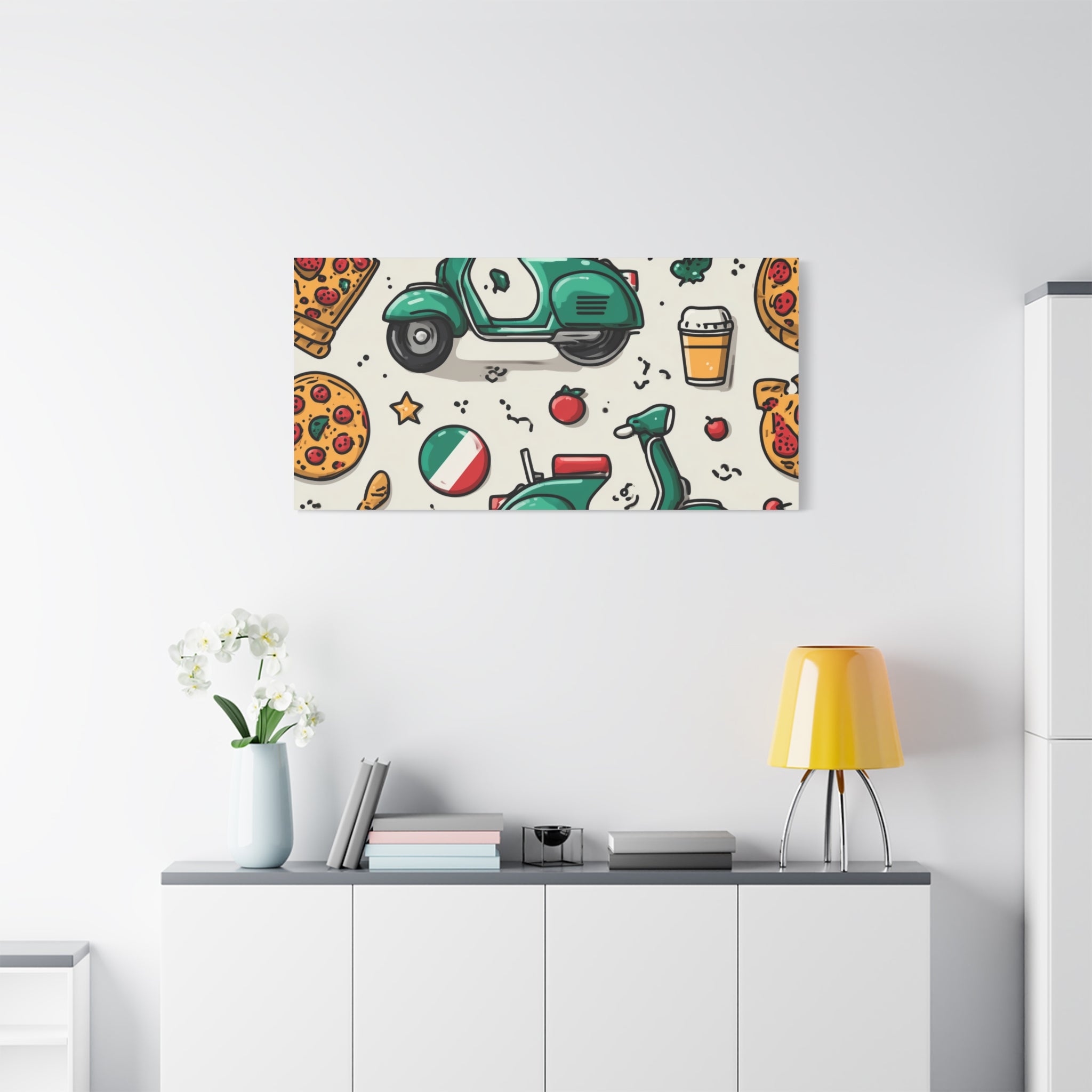 Vibrant Travel Nostalgia Canvas Art, Scooter Decor, Foodie Wall Art, Fun Home Decor, Gift for Adventurers, Kitchen Wall Hanging