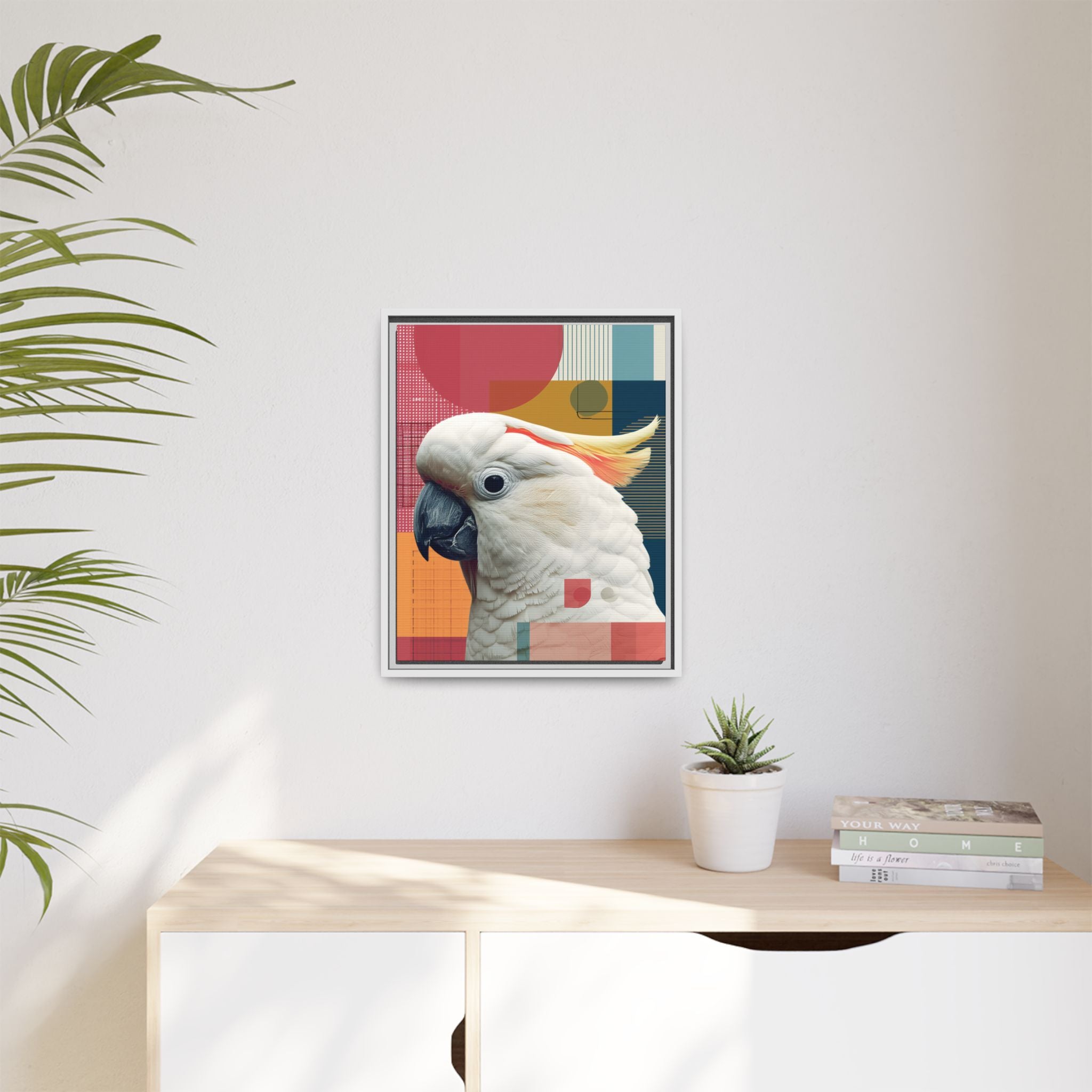 Framed Print, Cockatoo Abstract Geometric Wall Art, Matte Canvas, Colorful Bird Poster, Modern Home Decor, Tropical Animal Painting, Unique
