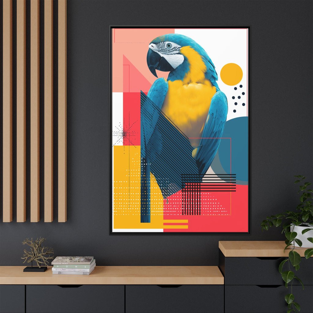 Prismatic Parrot Framed Print: Blue and Yellow Macaw in Geometric Space, Digital Art Composition   |  Personalized & Custom Orders Available