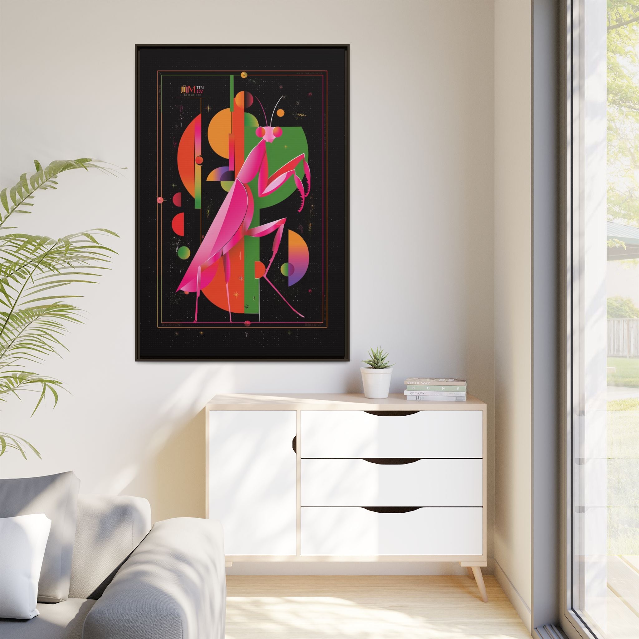 Cosmic Mantis Framed Print: Geometric Space Odyssey, Cubist Insect Illustration   |  Personalized & Custom Orders Available