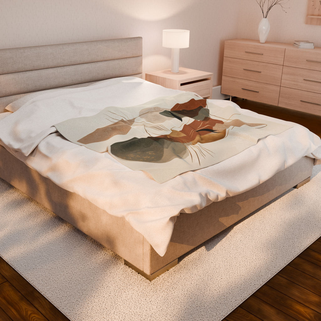 Abstract Earthen Toned Cat Velveteen Plush Blanket, Soft Fleece Throw, Cozy Bedding Set, Abstract Earthen Toned Cat Duvet Cover