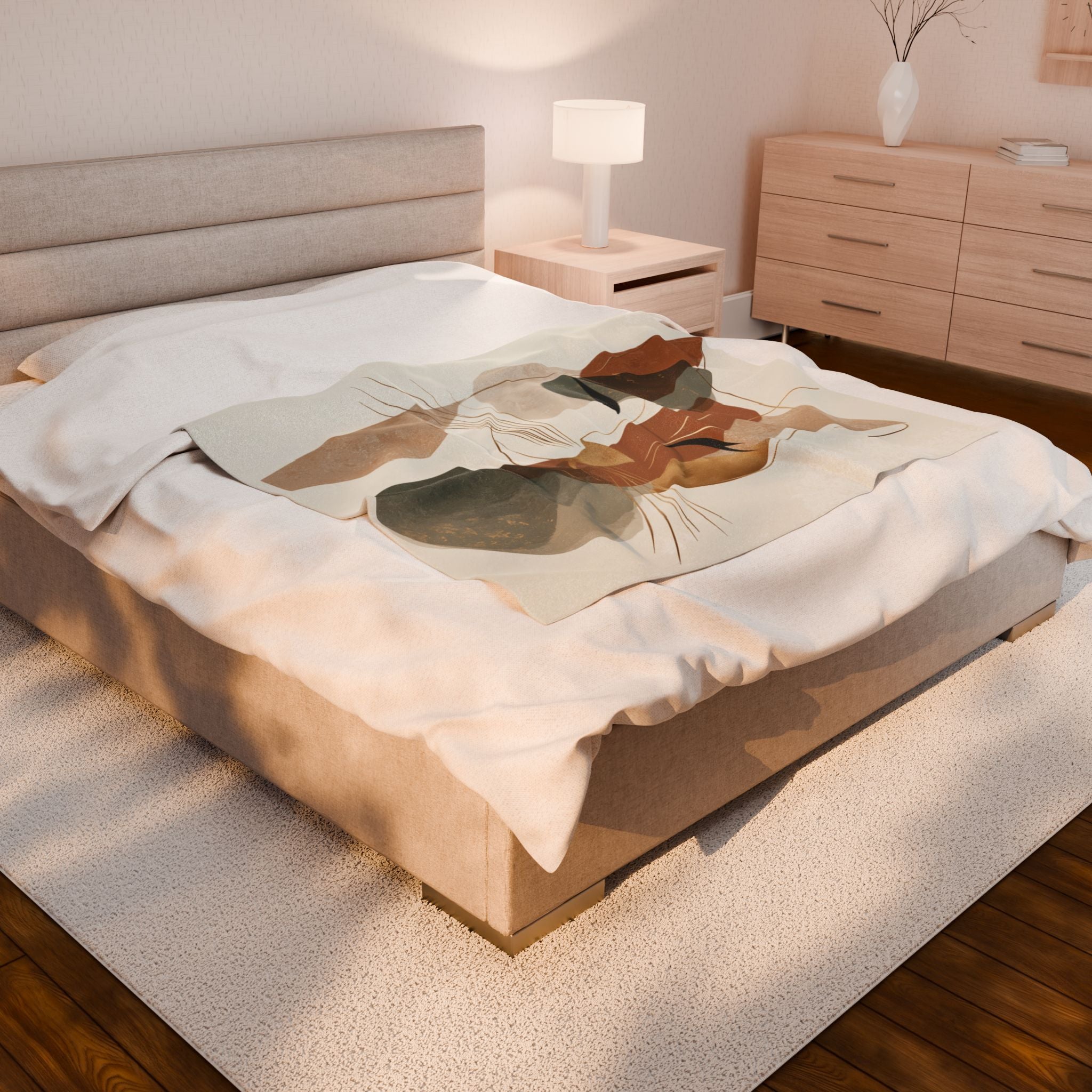 Abstract Earthen Toned Cat Velveteen Plush Blanket, Soft Fleece Throw, Cozy Bedding Set, Abstract Earthen Toned Cat Duvet Cover