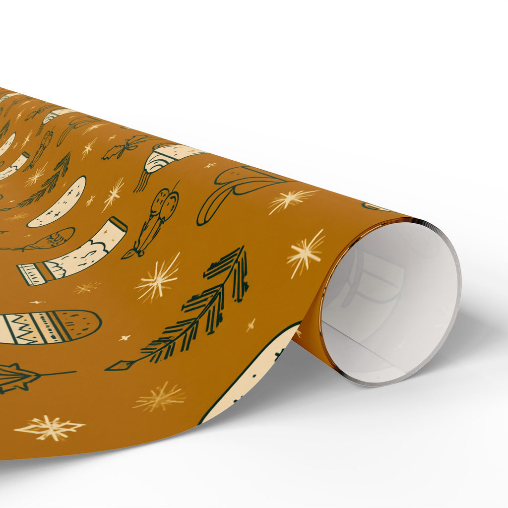 Wrapping Paper Roll — Cozy Brown Holiday Pattern with Mittens & Pine Sprigs
