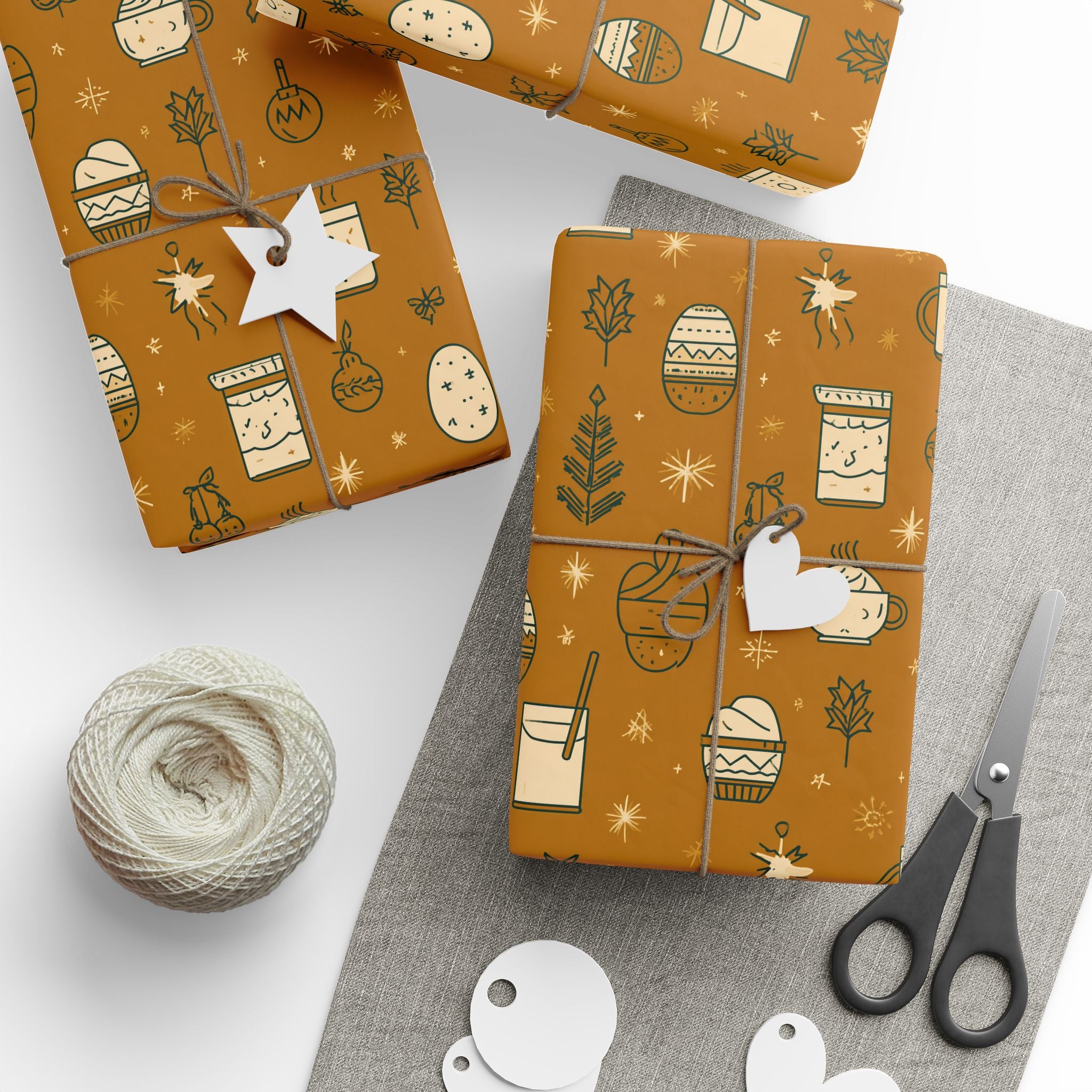 Wrapping Paper Roll — Cozy Brown Holiday Pattern with Mittens & Pine Sprigs