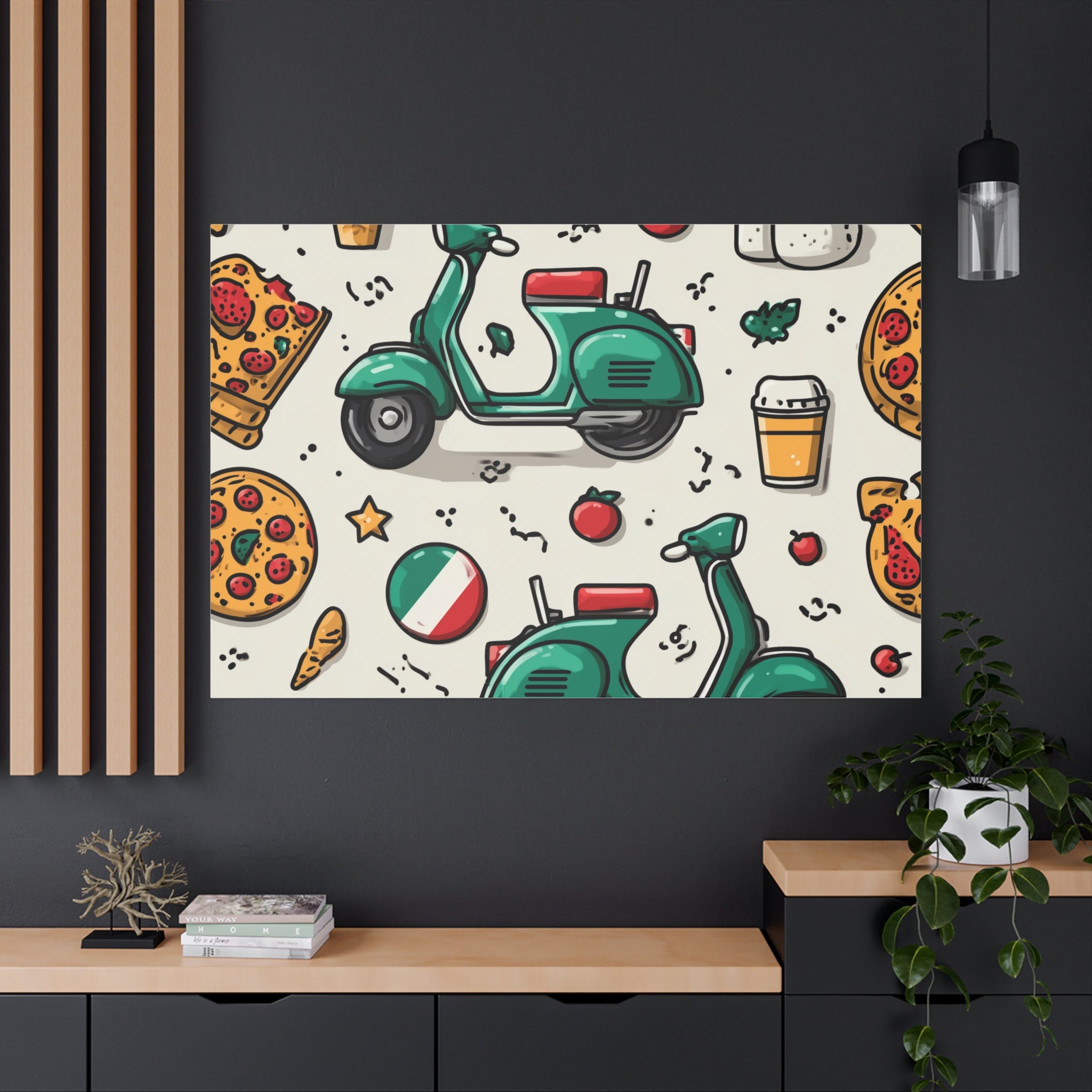 Vibrant Travel Nostalgia Canvas Art, Scooter Decor, Foodie Wall Art, Fun Home Decor, Gift for Adventurers, Kitchen Wall Hanging