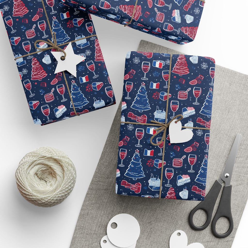Wrapping Paper Roll French Themed— Festive Cozy Socks & Sweaters Pattern, Navy Holiday Gift Wrap