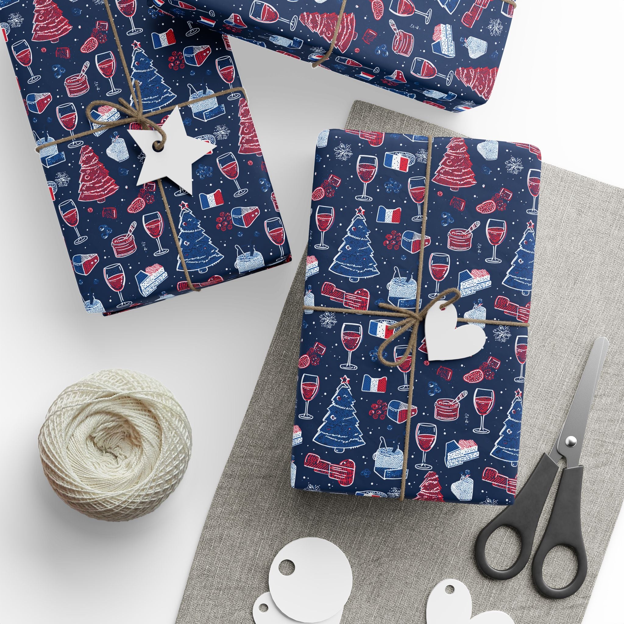 Wrapping Paper Roll French Themed— Festive Cozy Socks & Sweaters Pattern, Navy Holiday Gift Wrap