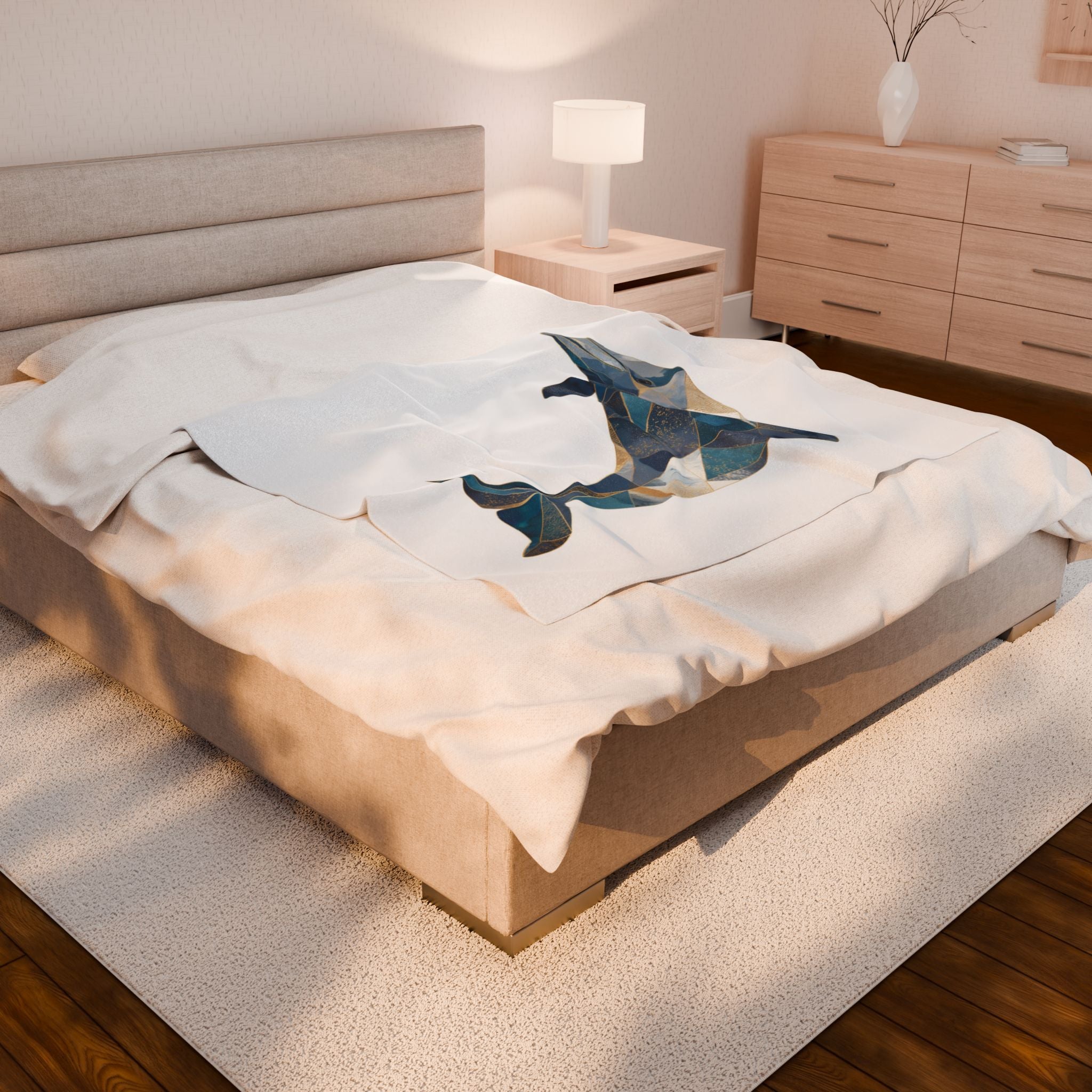 Ocean's Geometry Bedding: Mosaic Dolphin, Coastal Triangular Art, Blue and Gold Dolphin Design   |  Personalized & Custom Orders Available