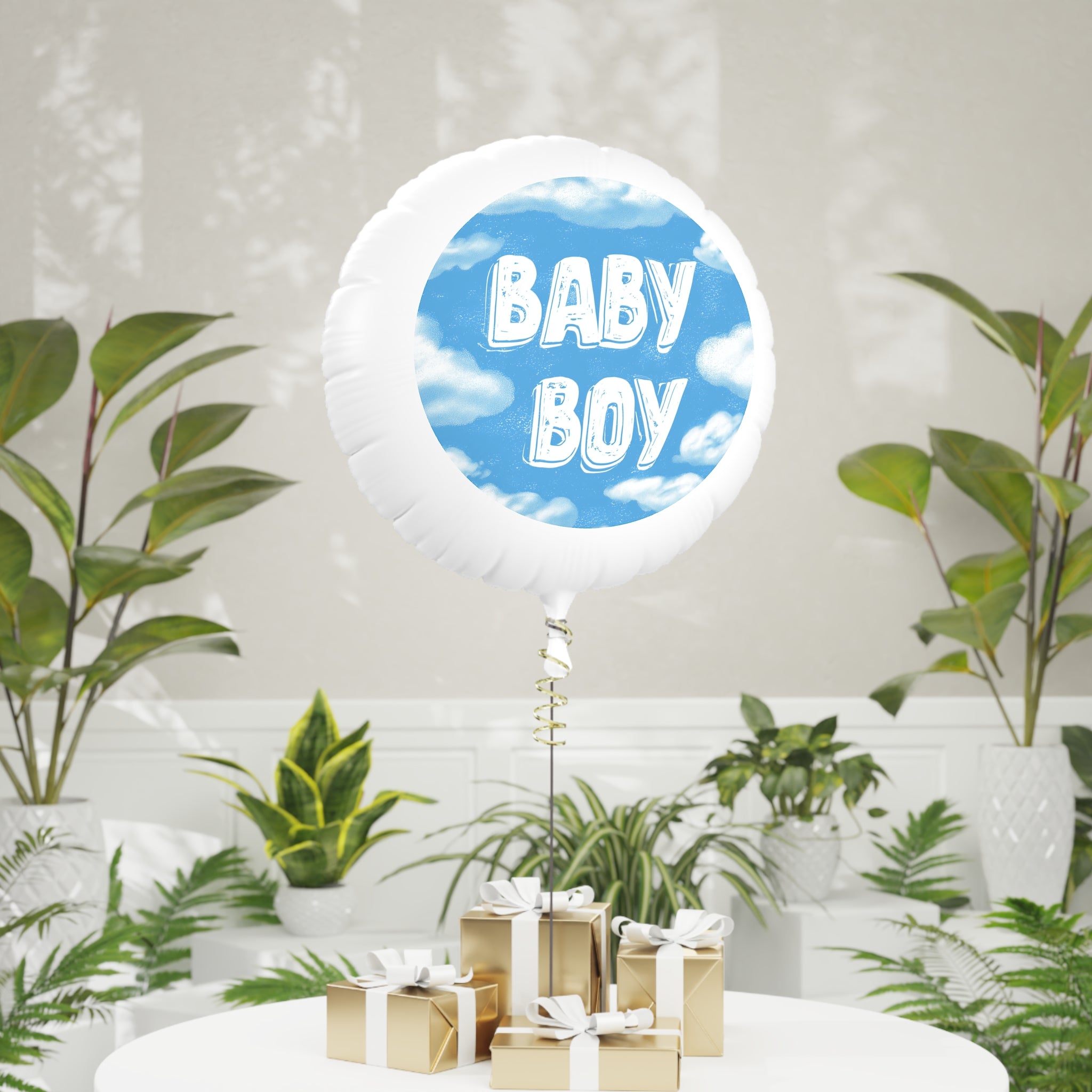 Baby Boy Mylar Helium Balloon — Blue Clouds Gender Reveal or Newborn Celebration