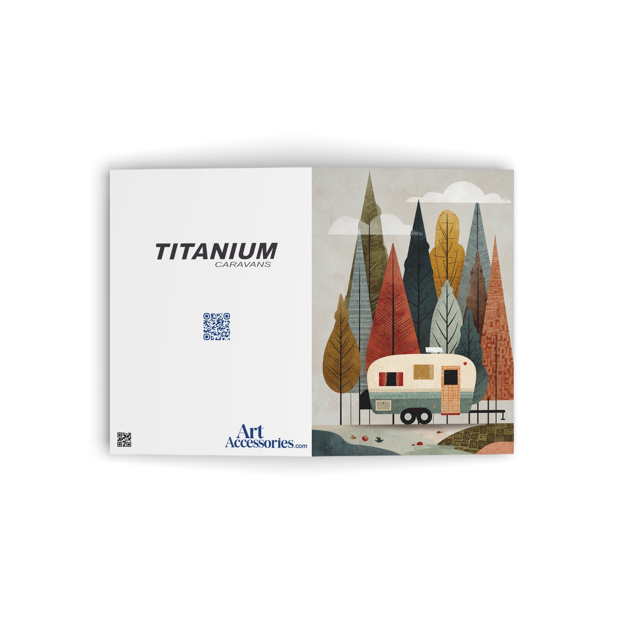 Camping Caravan Greeting Card — Retro Camper & Pine Trees Note Card