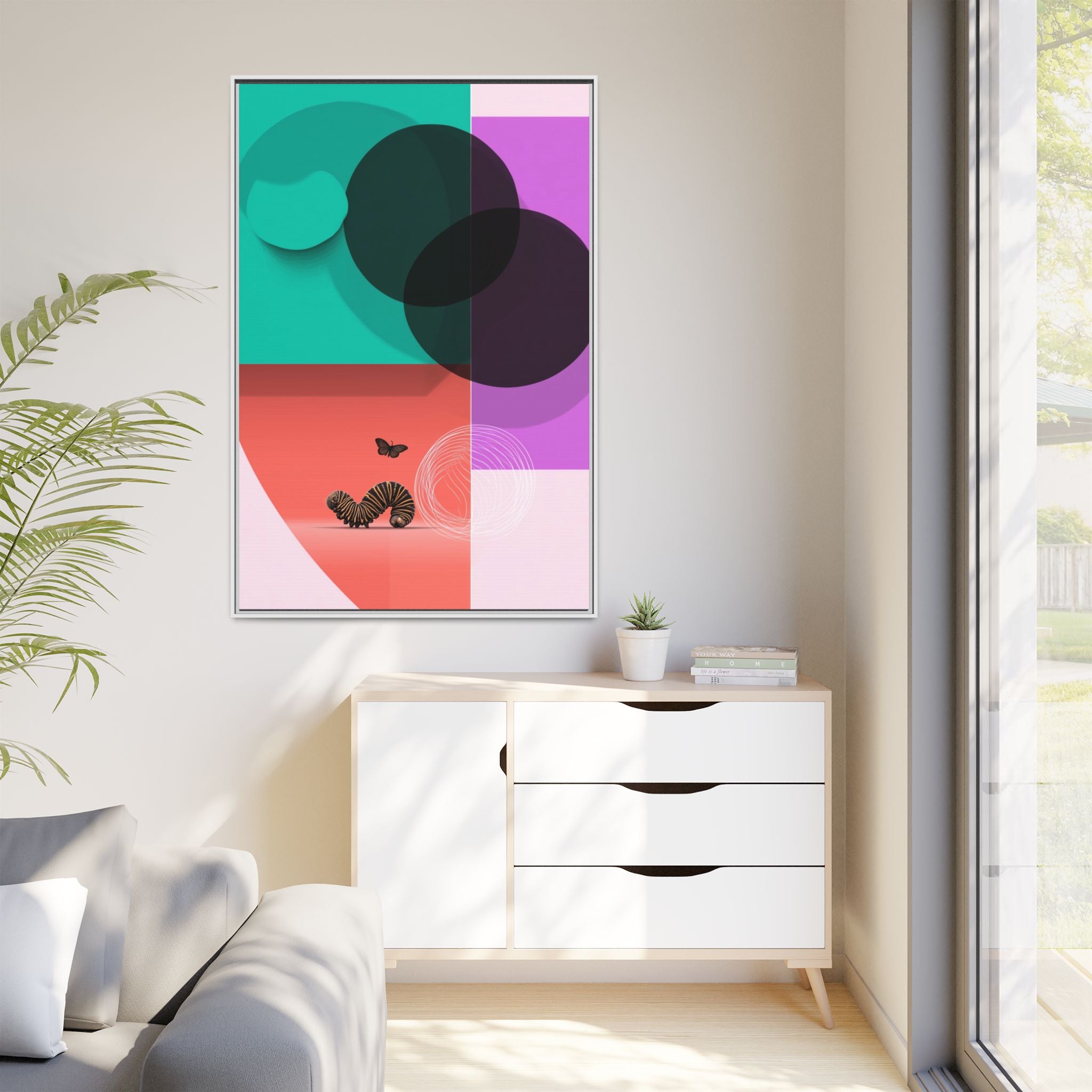 Striped Caterpillar and Butterfly Framed Print , Mid-Century Modern Color Blocks   |  Personalized & Custom Orders Available