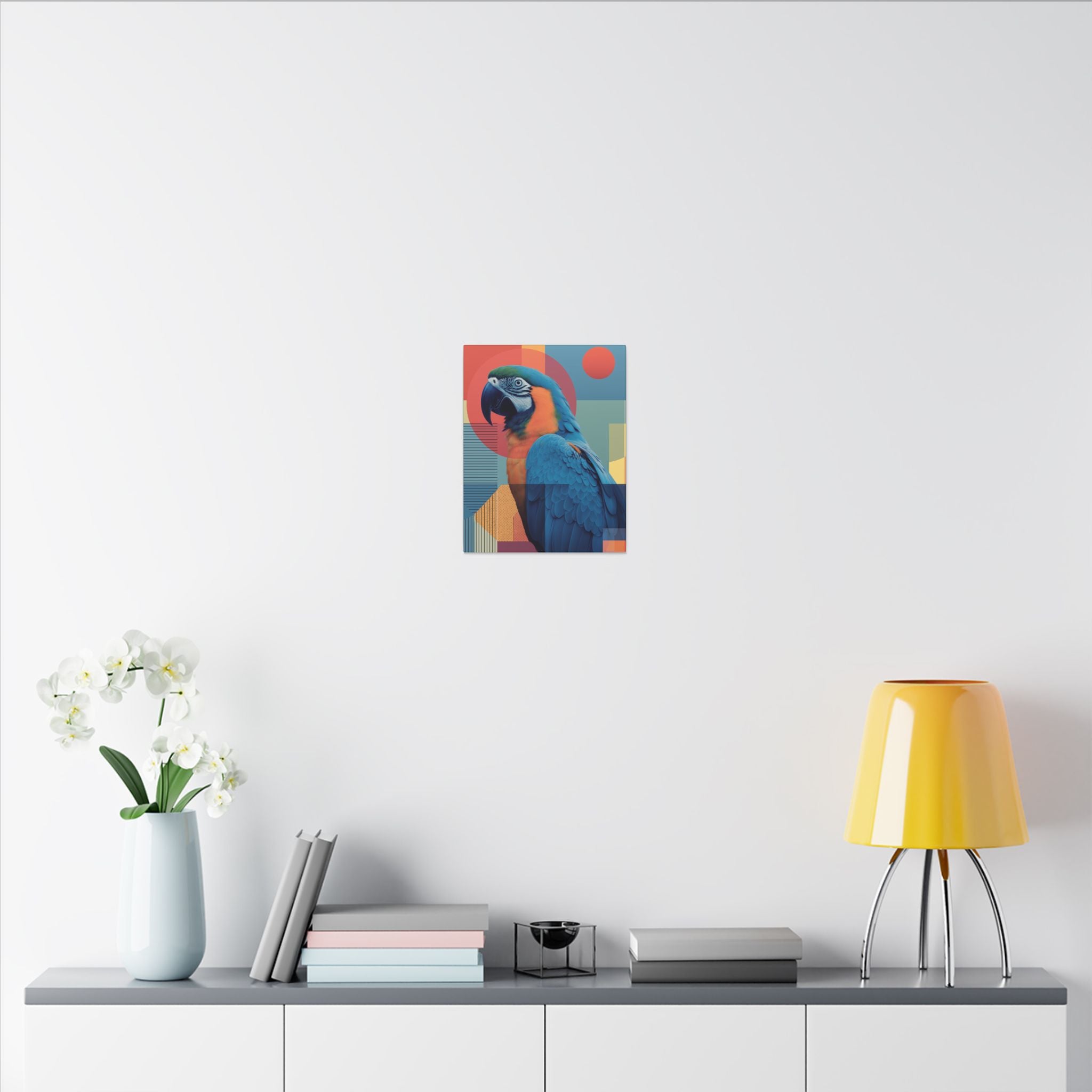 Macaw Mosaic: Mid-Century Modern Bird Portrait, Geometric Abstract Design   |    Custom Orders Available