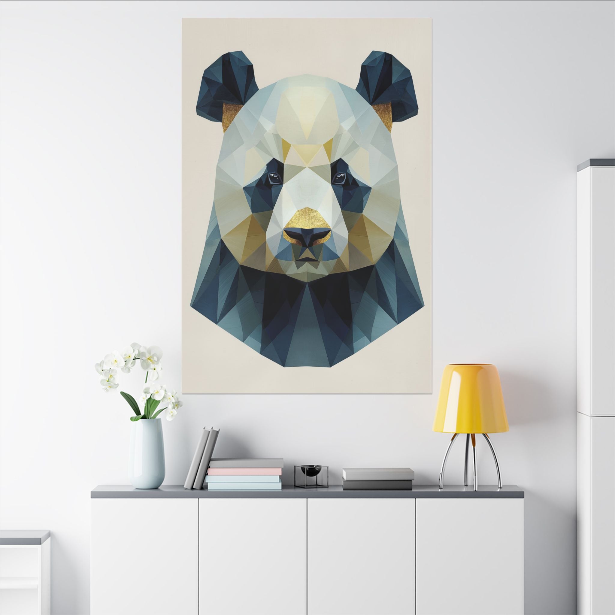Geometric Panda: Low-Poly Animal Art, Modern Minimalist Design, Blue and Gold Illustration   |  Personalized & Custom Orders Available