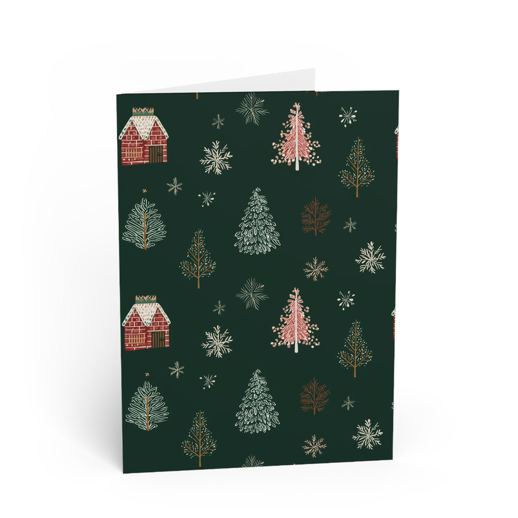 Holiday Tree Pattern Greeting Card — Festive Christmas Card with Cozy Cabin & Snowflakes