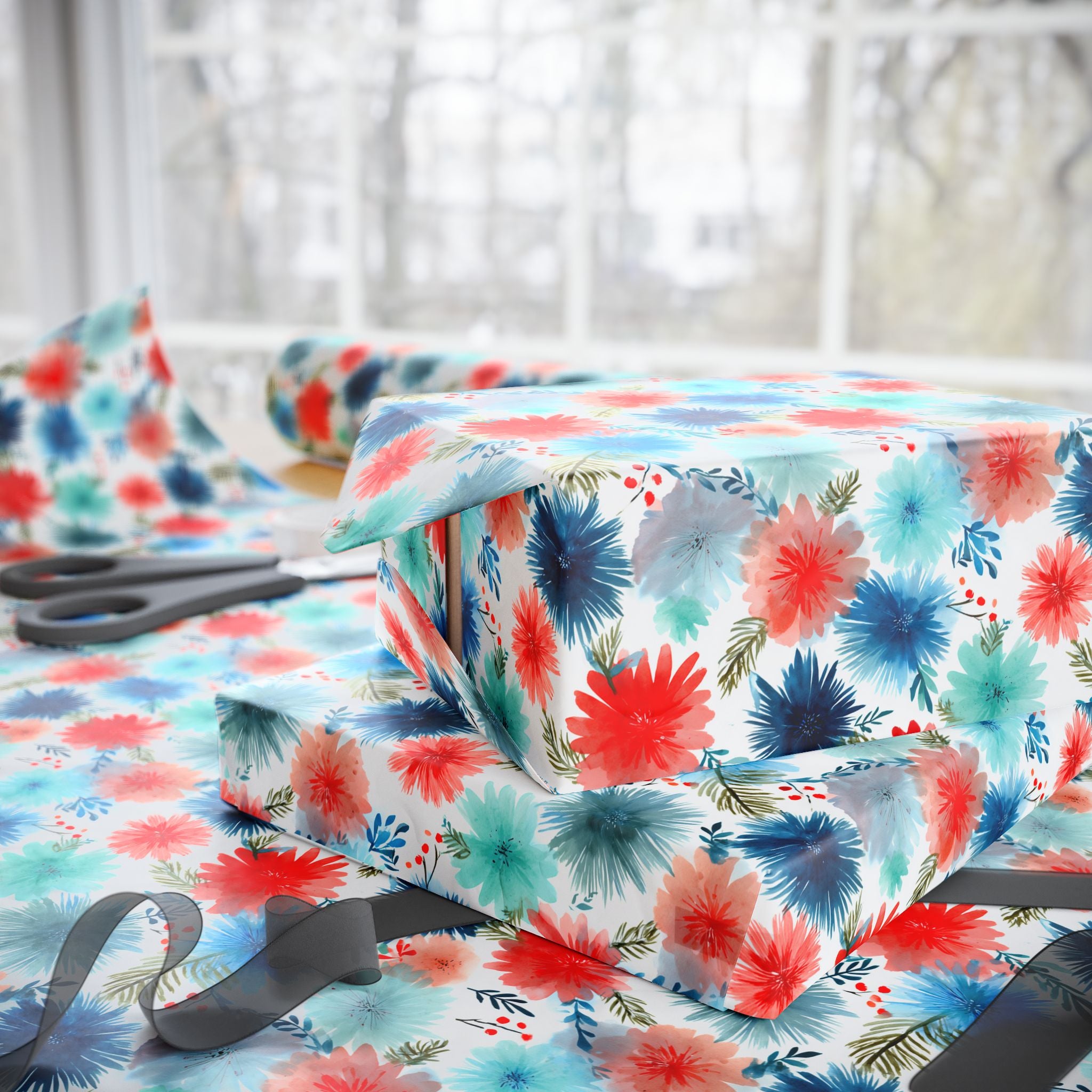 Wrapping Paper — Watercolor Floral Holiday Pattern (Red, Teal, Pine Sprigs)