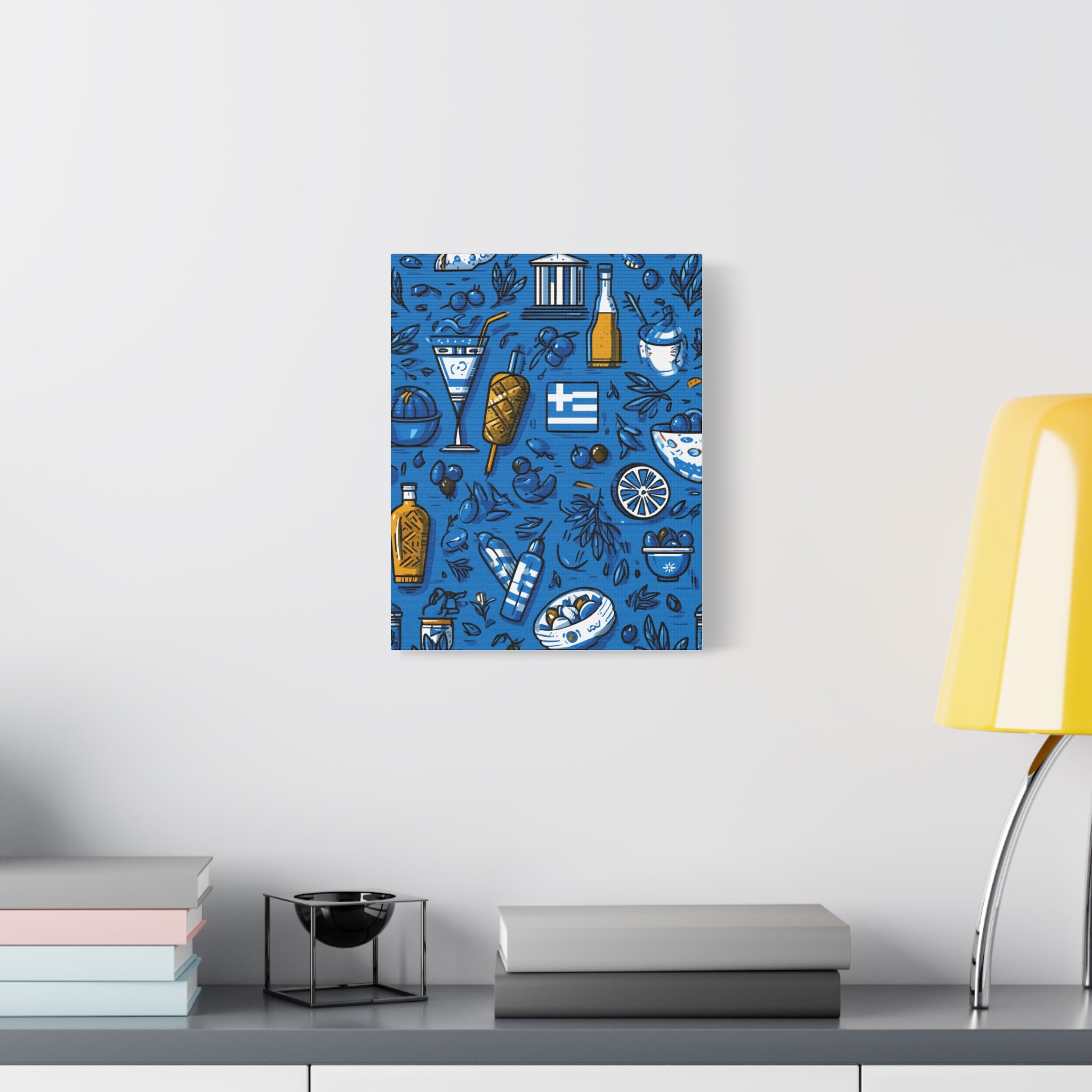 Vibrant Canvas Wall Art, Blue Mediterranean Theme, Kitchen Decor, Greek Party Decor, Olive and Drink Motif