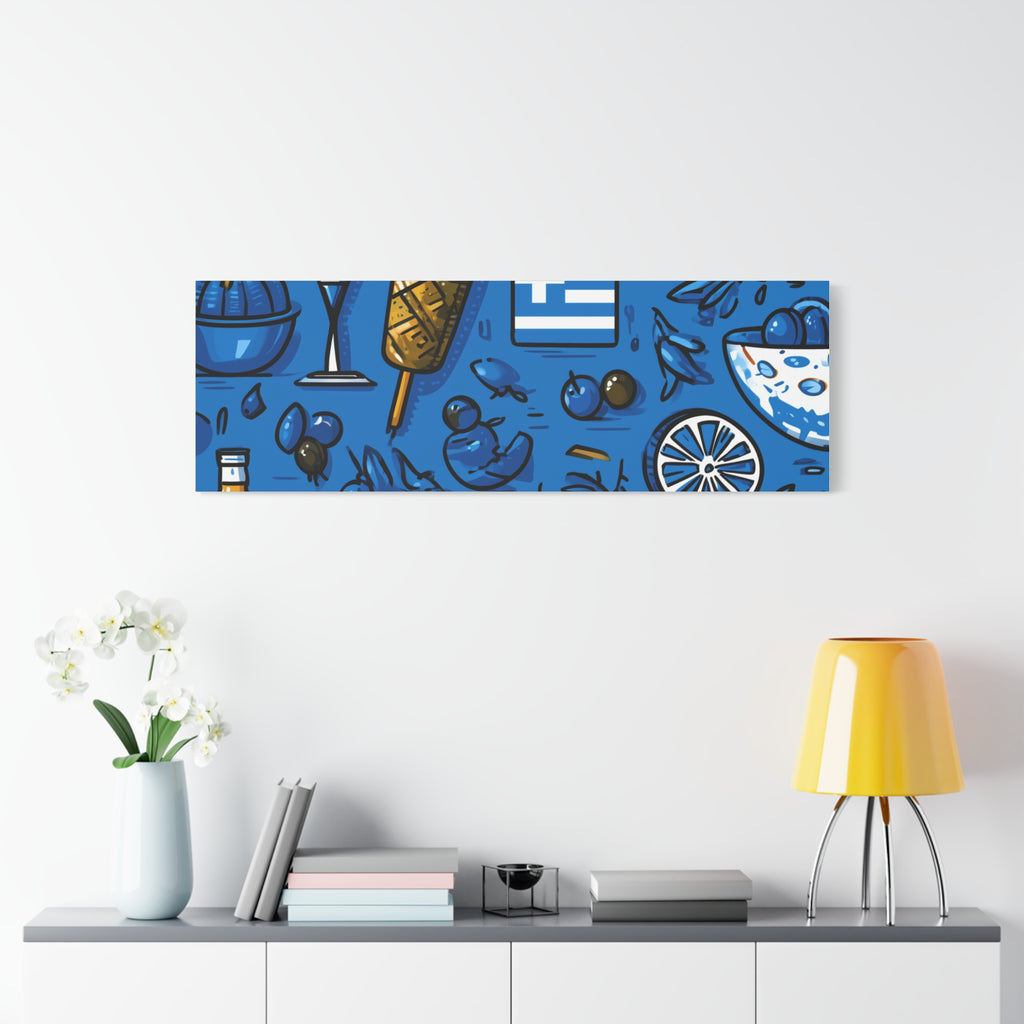Vibrant Canvas Wall Art, Blue Mediterranean Theme, Kitchen Decor, Greek Party Decor, Olive and Drink Motif