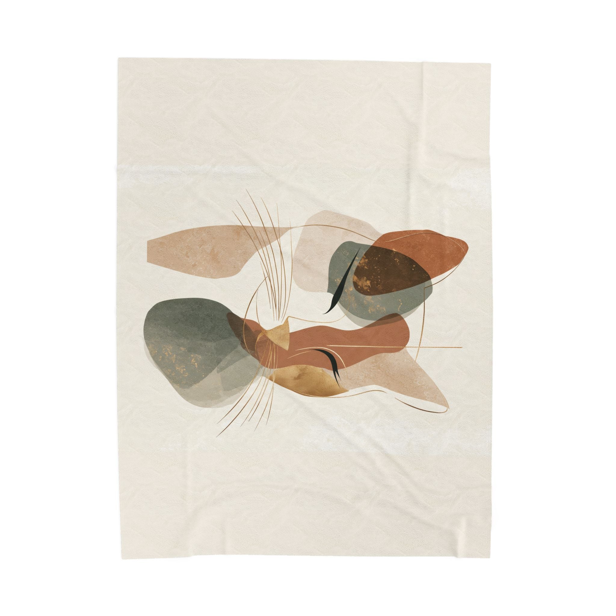 Abstract Earthen Toned Cat Velveteen Plush Blanket, Soft Fleece Throw, Cozy Bedding Set, Abstract Earthen Toned Cat Duvet Cover