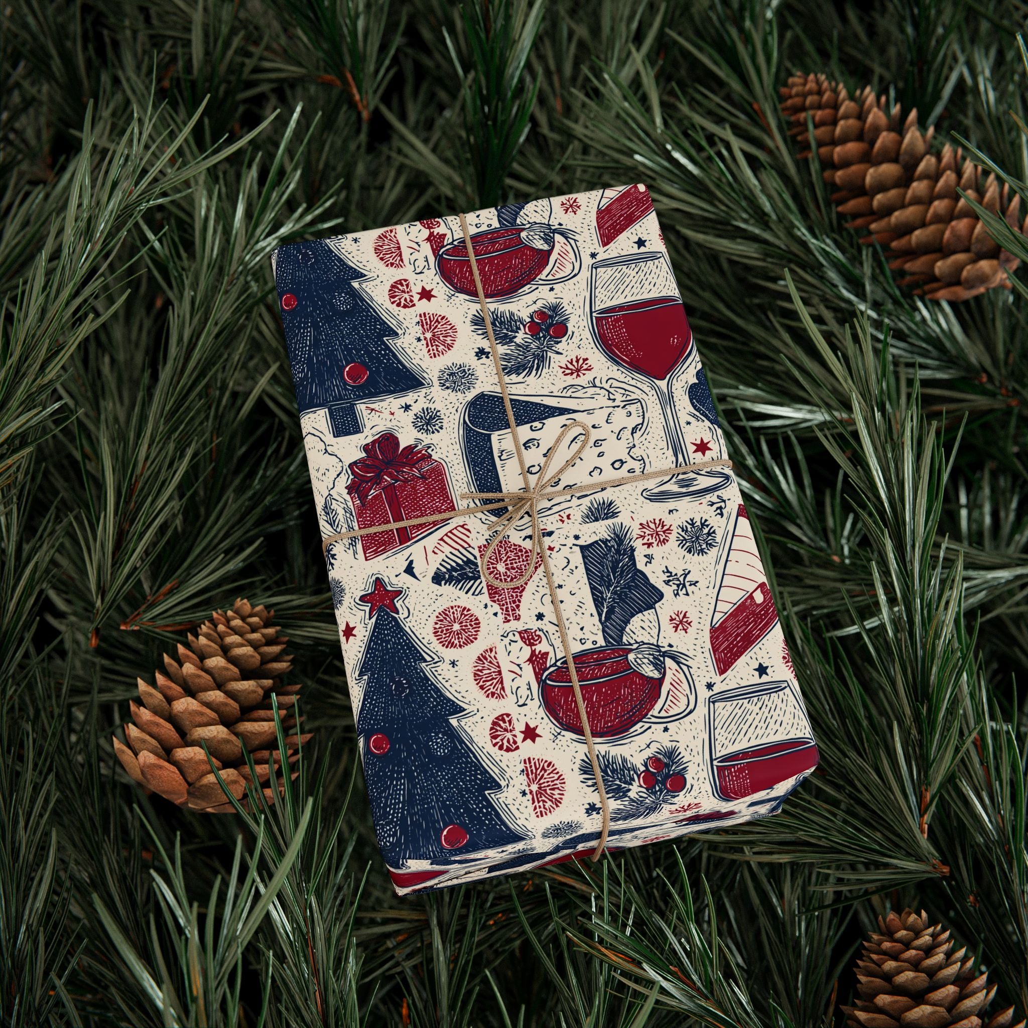 Festive Red & Navy French Christmas Tree Wrapping Paper — Holiday Gift Wrap Roll