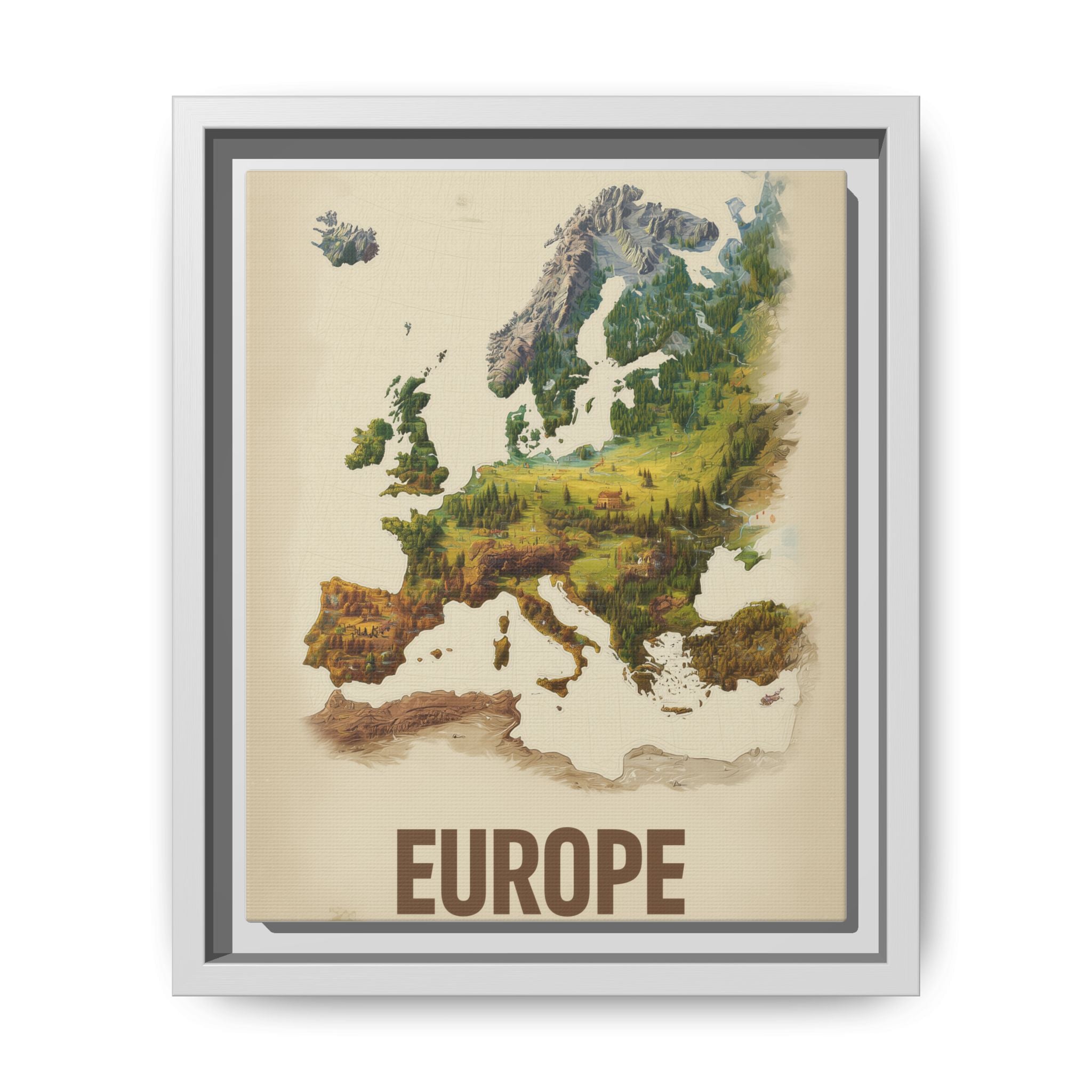 Framed Europe Map Canvas Print — Vintage Landscape Style Wall Art
