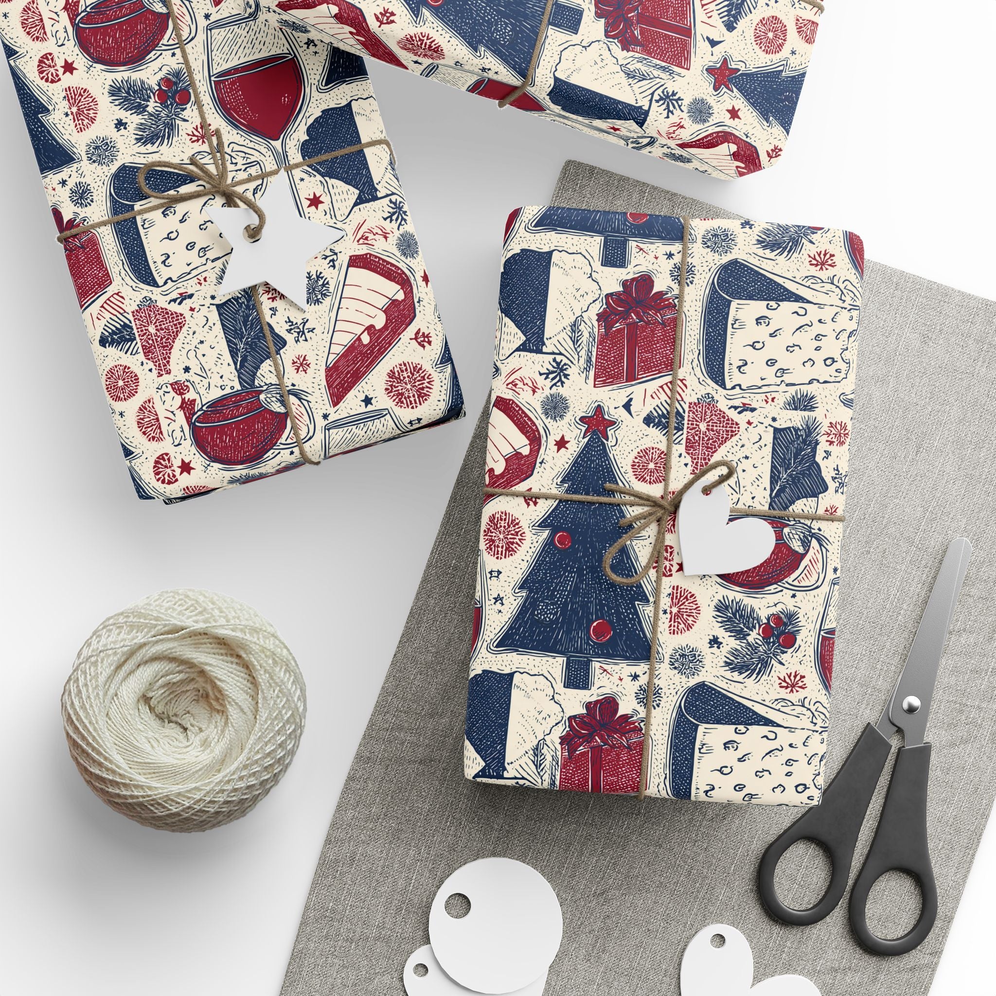 Festive Red & Navy French Christmas Tree Wrapping Paper — Holiday Gift Wrap Roll