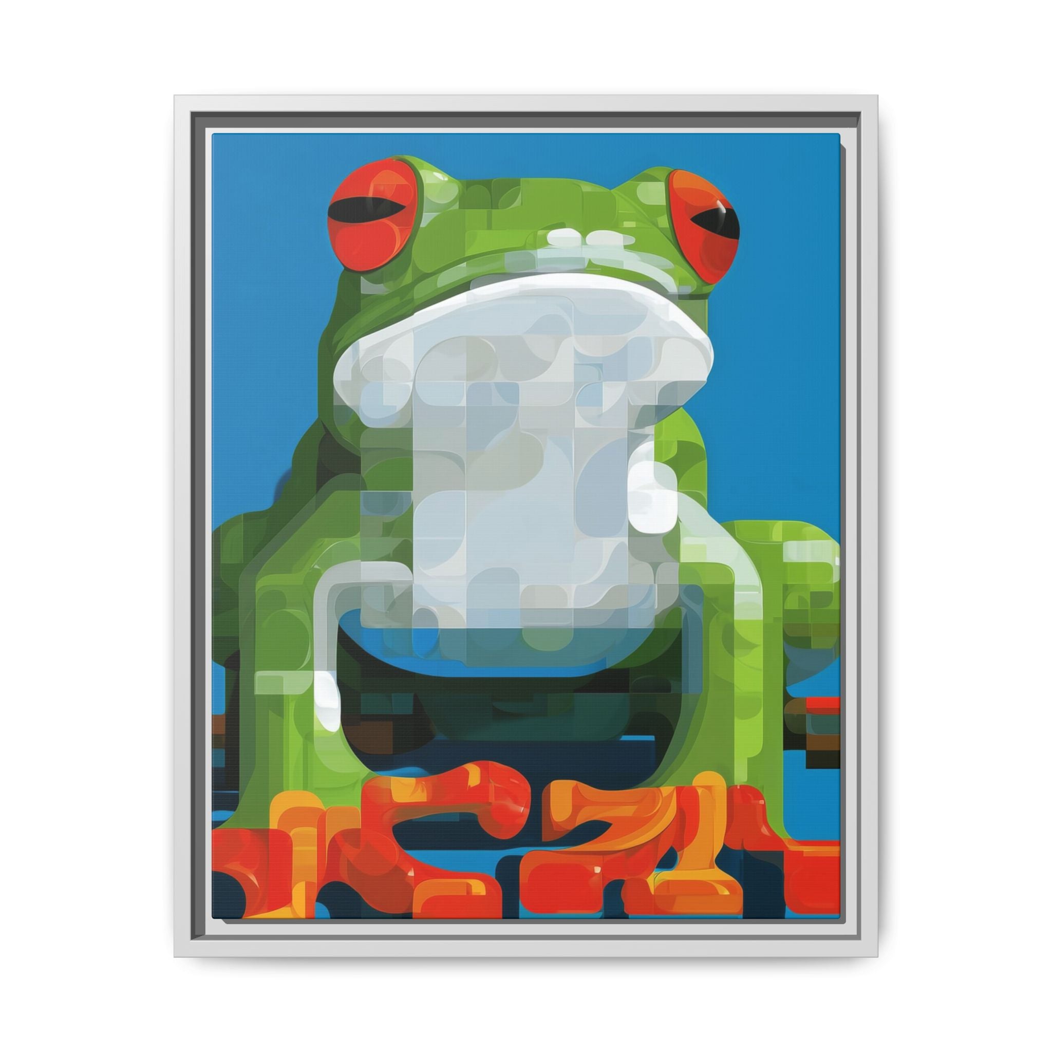 Pixel Frog Framed Print : Geometric Digital Art, Mosaic Amphibian Portrait   |  Personalized & Custom Orders Available