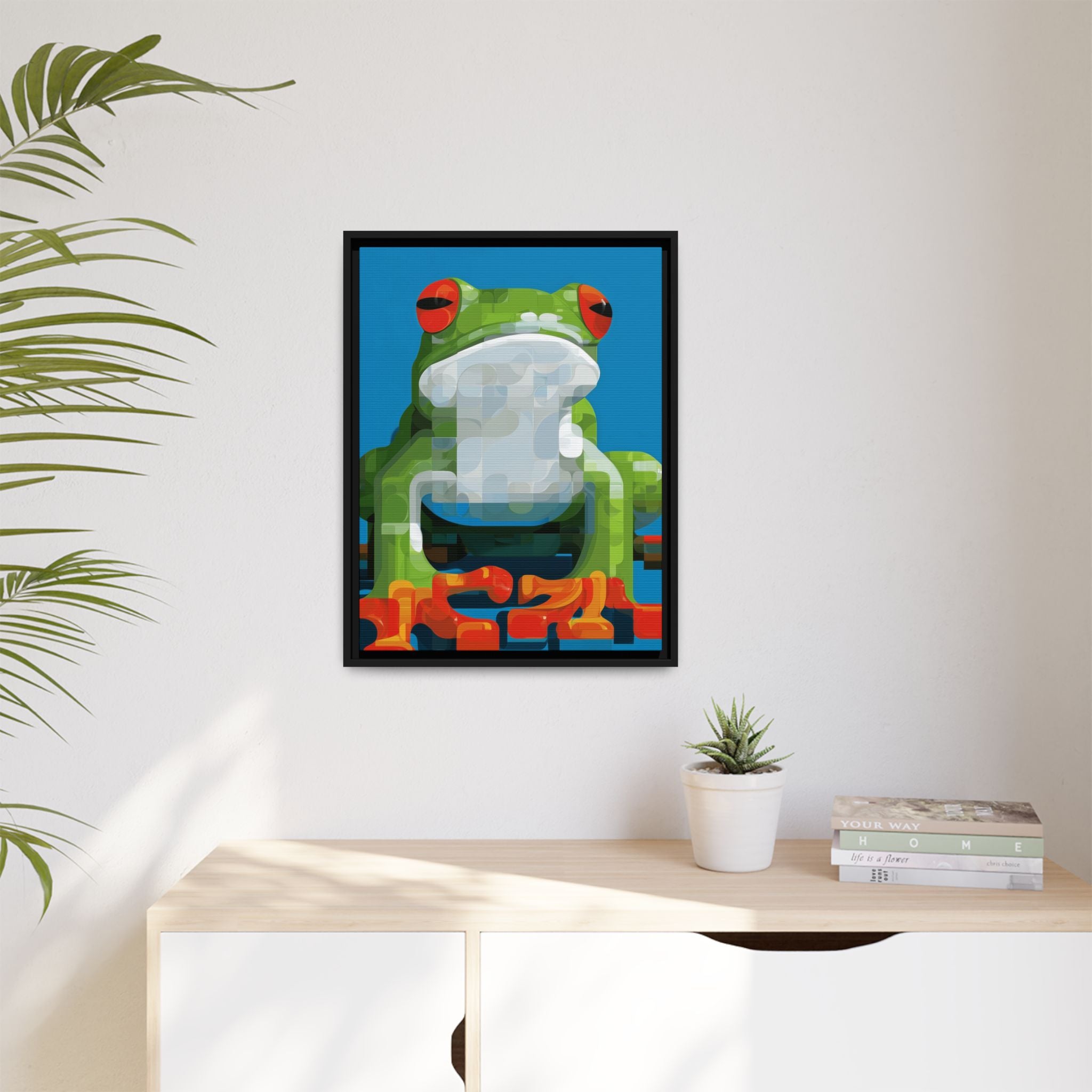 Pixel Frog Framed Print : Geometric Digital Art, Mosaic Amphibian Portrait   |  Personalized & Custom Orders Available