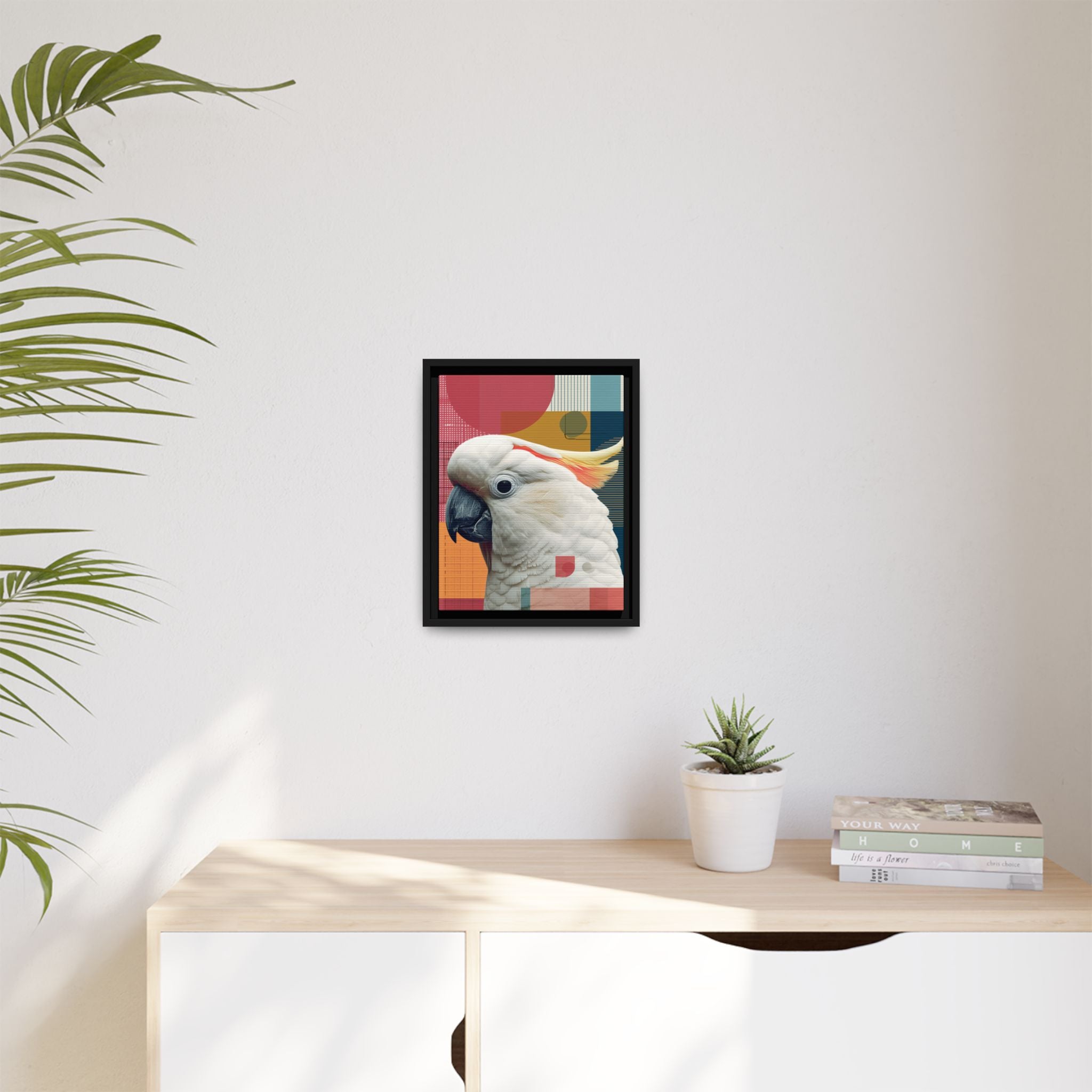 Framed Print, Cockatoo Abstract Geometric Wall Art, Matte Canvas, Colorful Bird Poster, Modern Home Decor, Tropical Animal Painting, Unique