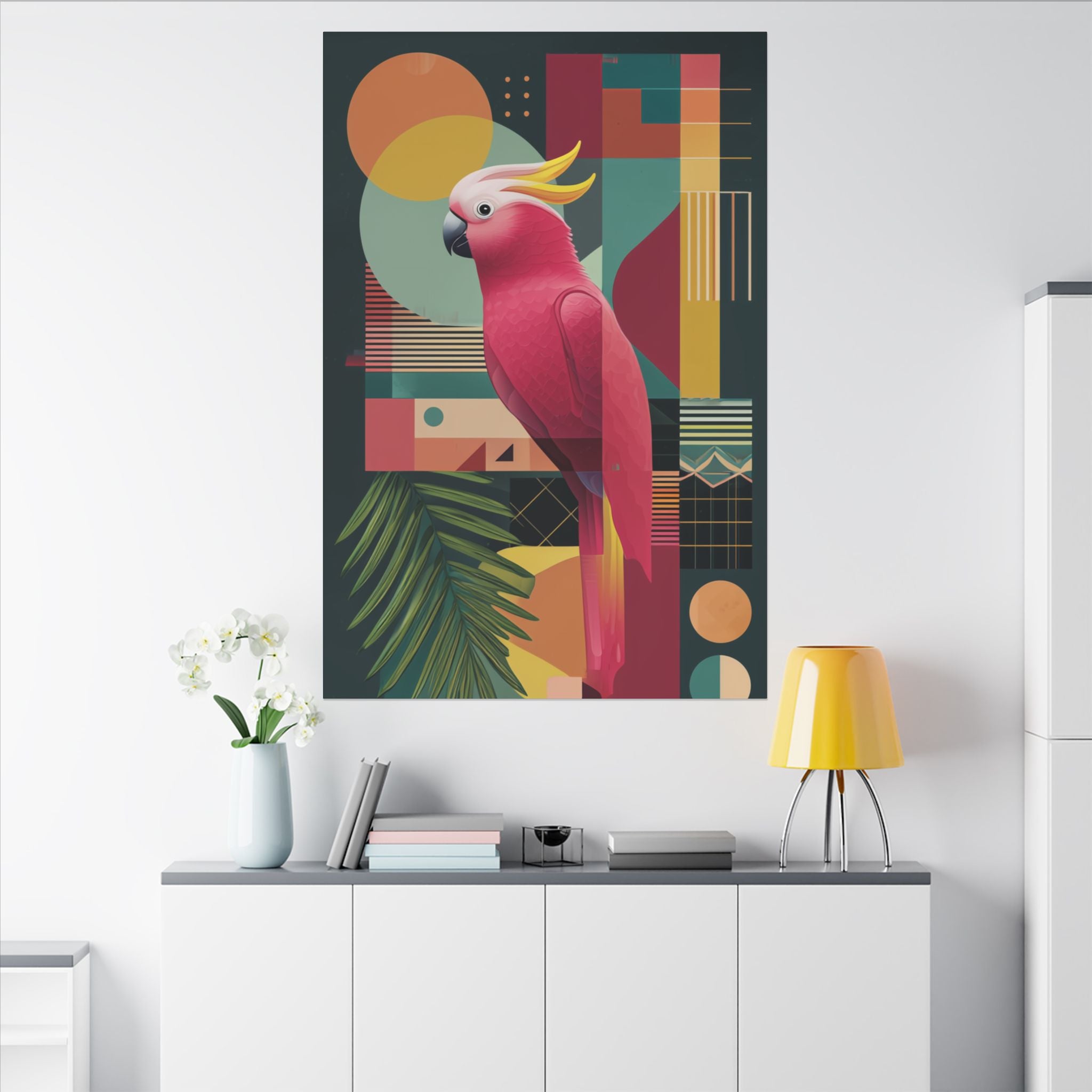 Cockatoo in Geometry: Mid-Century Modern Bird Art, Tropical Design Palette   |    Custom Orders Available