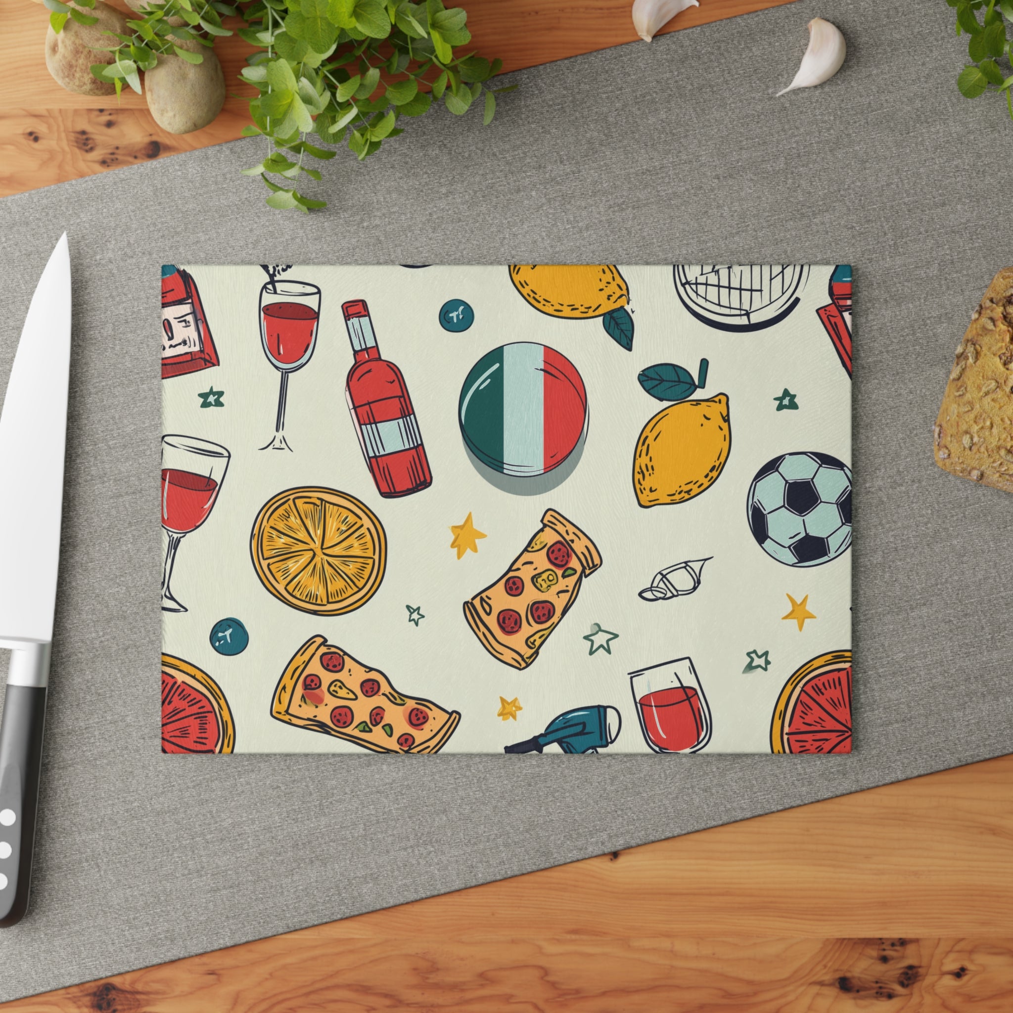 Italian Pattern Glass Cutting Board — Stylized Mediterranean Kitchen Décor