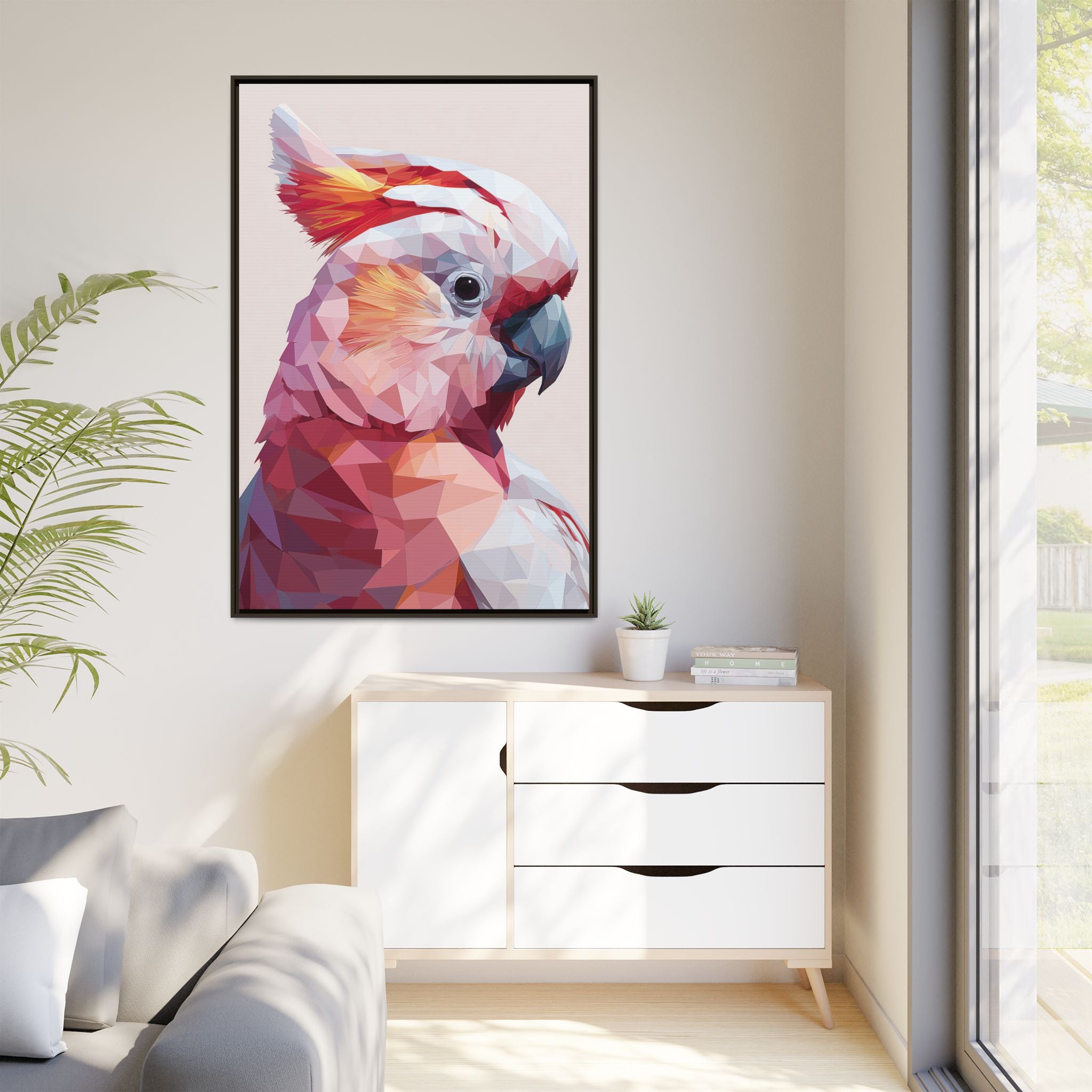 Prismatic Cockatoo: Geometric Bird Portrait, Low-Poly Digital Art   |  Personalized & Custom Orders Available