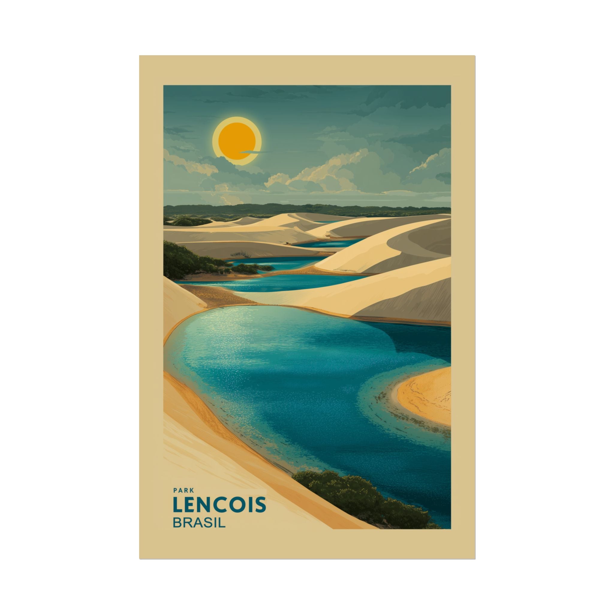 Lençois Park Dreamscape: Golden Dunes and Turquoise Waters, Vintage Travel Poster Panorama   |    Custom Orders Available