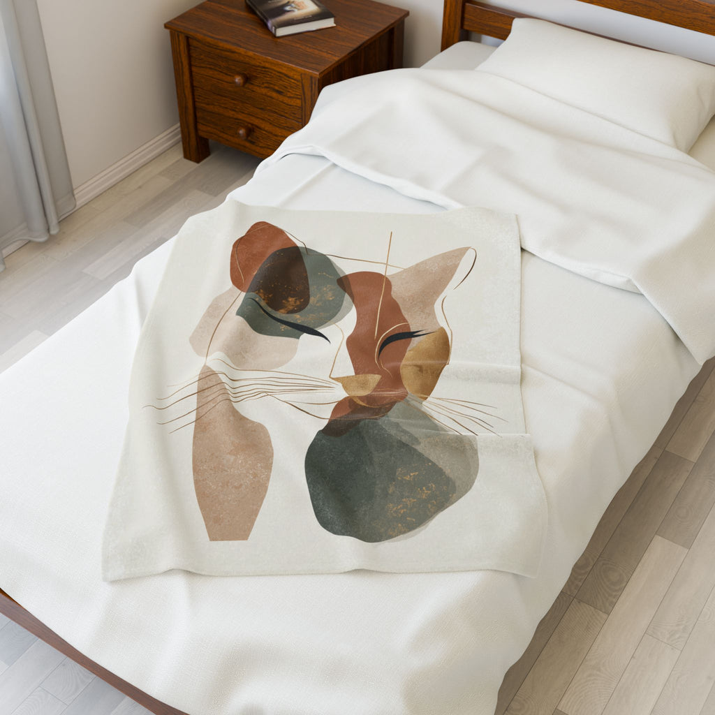 Abstract Earthen Toned Cat Velveteen Plush Blanket, Soft Fleece Throw, Cozy Bedding Set, Abstract Earthen Toned Cat Duvet Cover