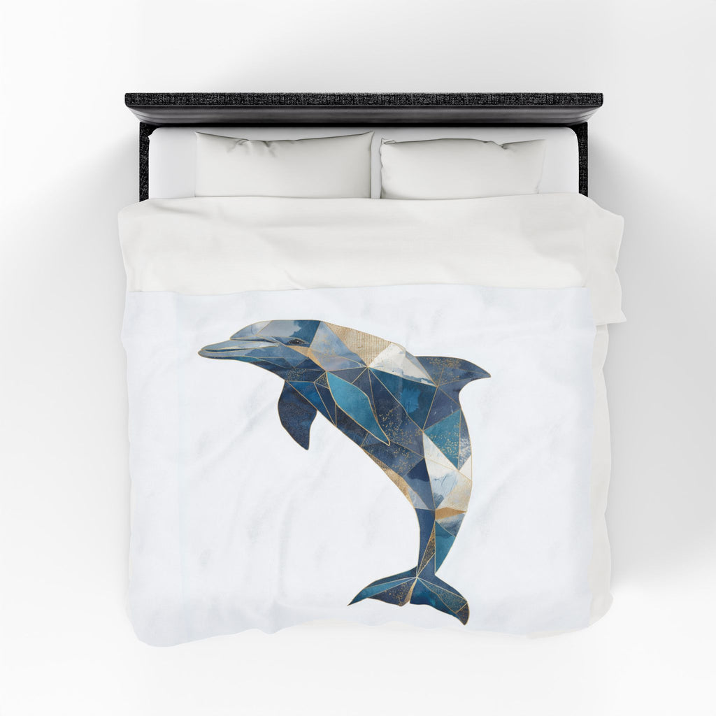 Ocean's Geometry Bedding: Mosaic Dolphin, Coastal Triangular Art, Blue and Gold Dolphin Design   |  Personalized & Custom Orders Available