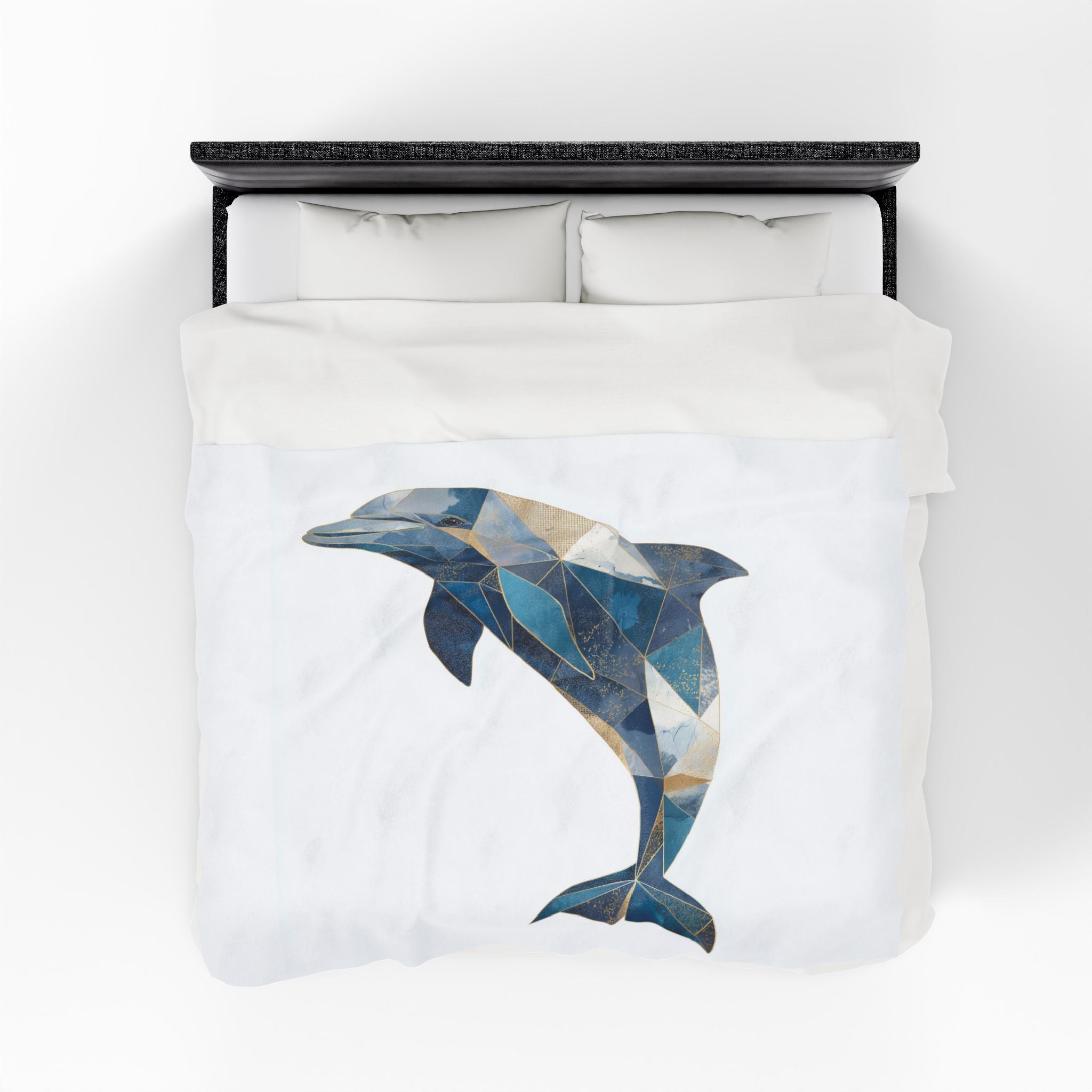 Ocean's Geometry Bedding: Mosaic Dolphin, Coastal Triangular Art, Blue and Gold Dolphin Design   |  Personalized & Custom Orders Available