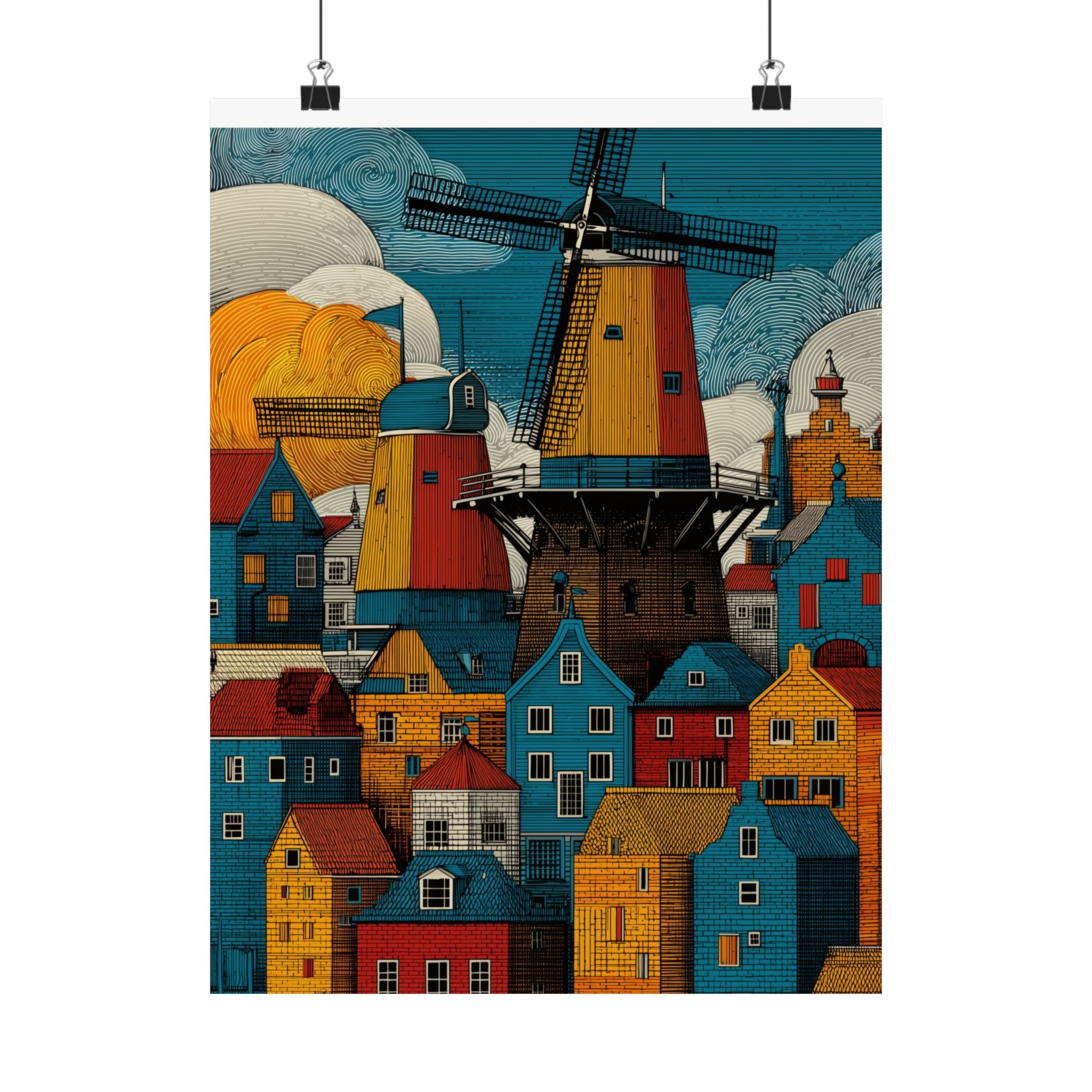 Colorful Windmill Art Print, Home Decor, Vintage Poster, Landscape Wall Art, Gift for Housewarming, Dutch Art Decoration