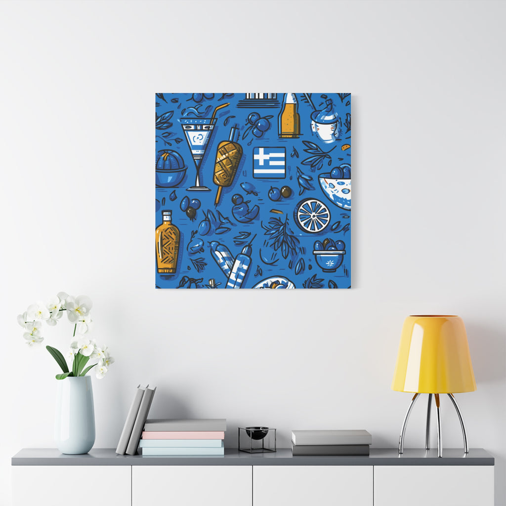 Vibrant Canvas Wall Art, Blue Mediterranean Theme, Kitchen Decor, Greek Party Decor, Olive and Drink Motif