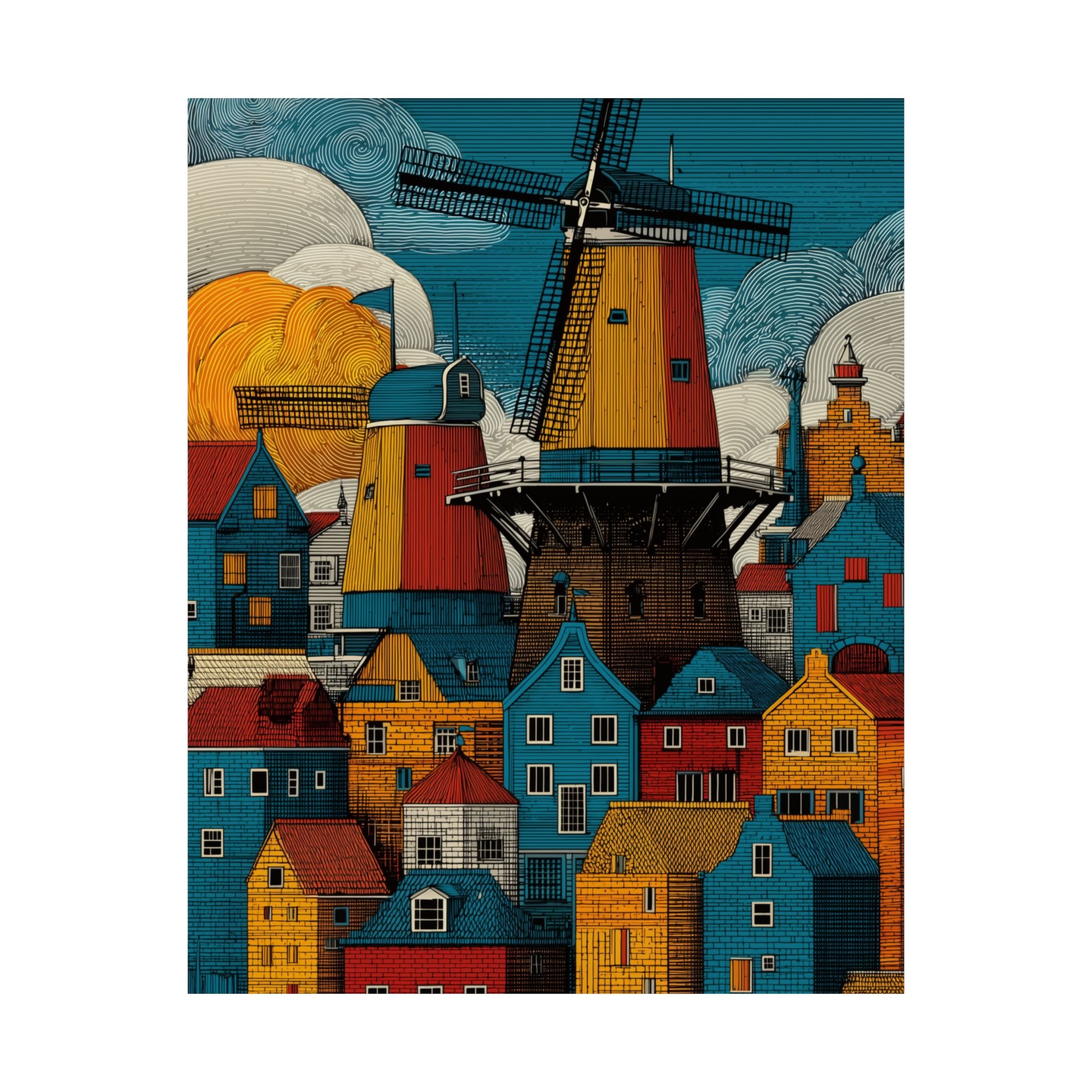Colorful Windmill Art Print, Home Decor, Vintage Poster, Landscape Wall Art, Gift for Housewarming, Dutch Art Decoration