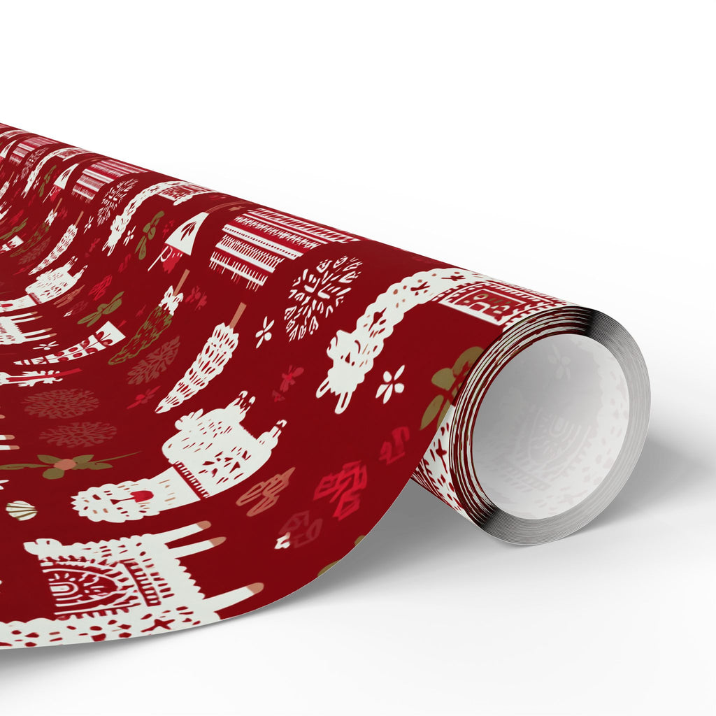 Christmas Wrapping Paper Roll — Red Nordic Reindeer & Tree Holiday Print