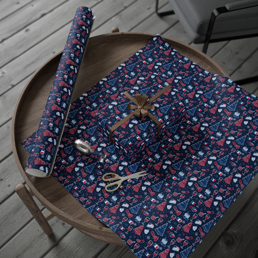Wrapping Paper Roll French Themed— Festive Cozy Socks & Sweaters Pattern, Navy Holiday Gift Wrap