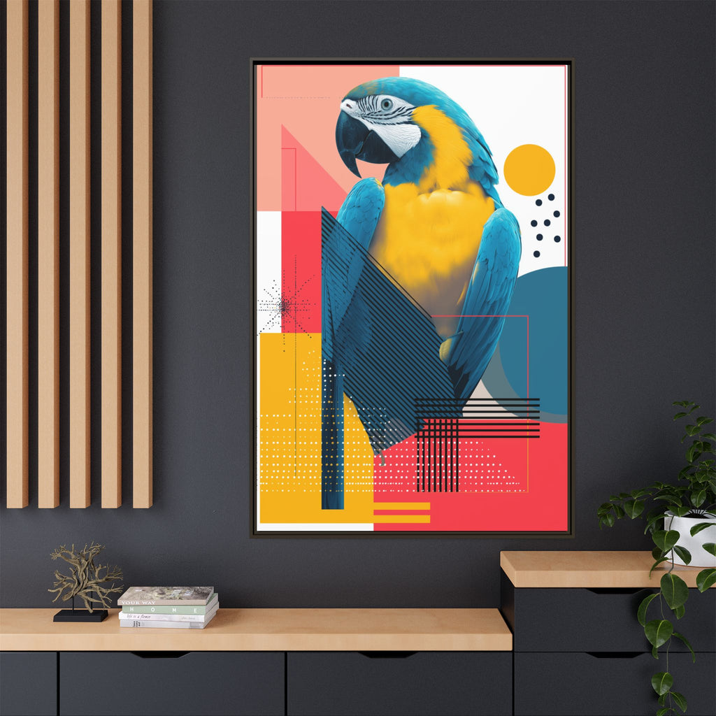 Prismatic Parrot Framed Print: Blue and Yellow Macaw in Geometric Space, Digital Art Composition   |  Personalized & Custom Orders Available
