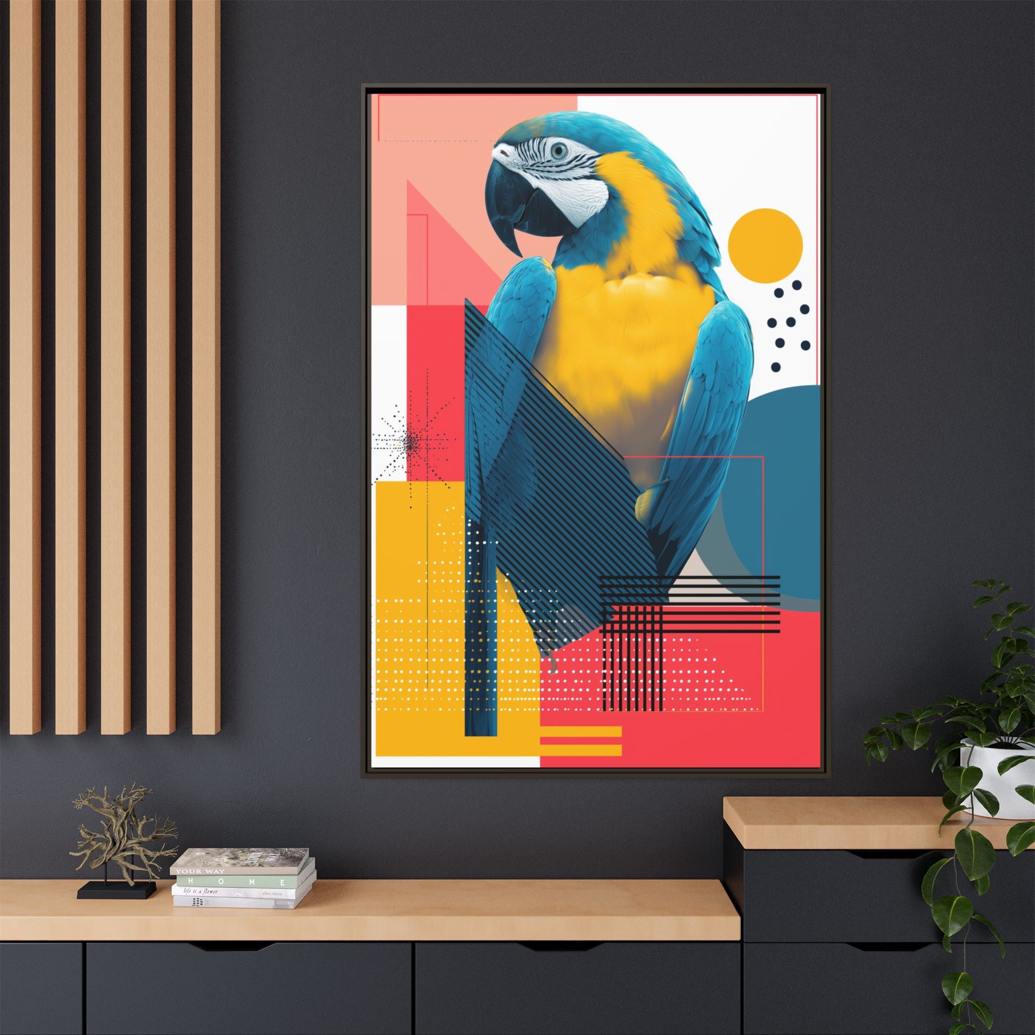 Prismatic Parrot Framed Print: Blue and Yellow Macaw in Geometric Space, Digital Art Composition   |  Personalized & Custom Orders Available