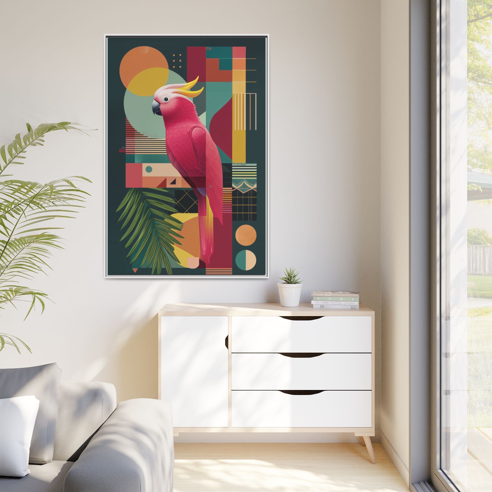 Cockatoo in Geometric Bloom: Mid-Century Modern Art, Tropical Abstract Design   |    Custom Orders Available