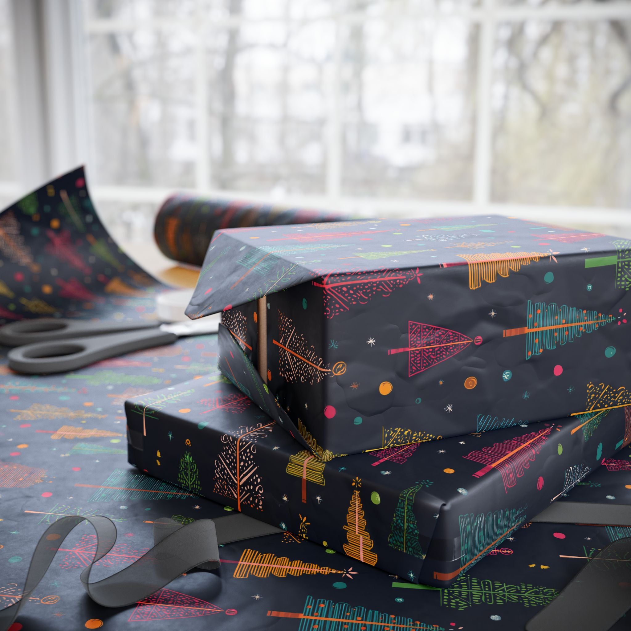 Christmas Tree Wrapping Paper Roll – Dark Navy Holiday Gift Wrap with Colorful Trees