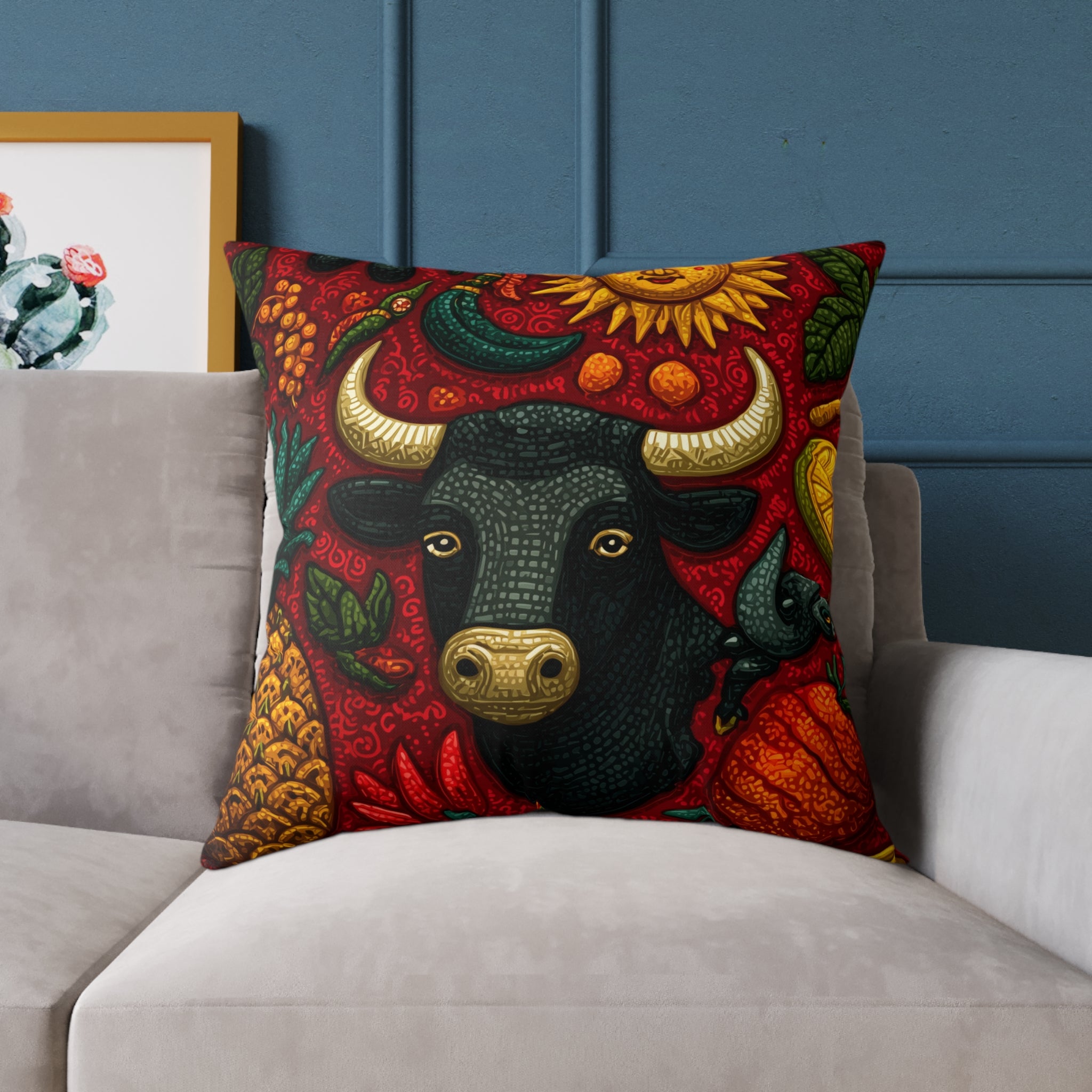 Vibrant Bull Art Pillow, Boho Home Decor, Farmhouse Cushion, Colorful Throw Pillow, Farmhouse Gift