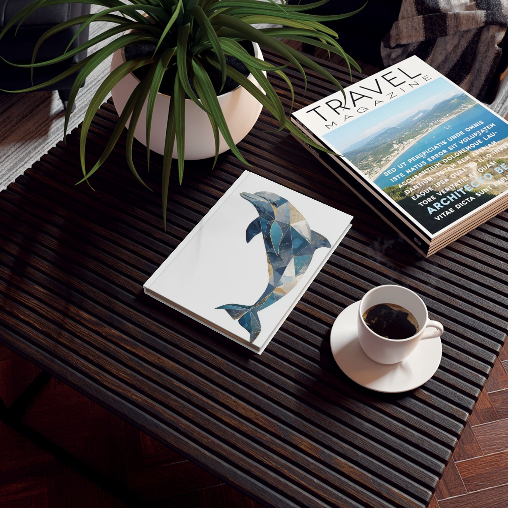 Personalized Dolphin Journal    |  Geometric Oceanic Mosaic: Dolphin in Blue and Gold, Contemporary Marine Art, Faceted Wildlife Design