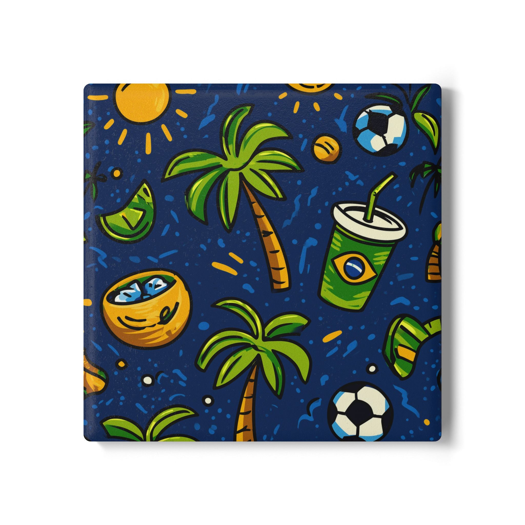 Vibrant Sunset Brazil Landscape Ceramic Coaster, Beach Decor, Gift for Home, BBQ Party Accessory, Soccer Fan Decor, Tropical Vibes